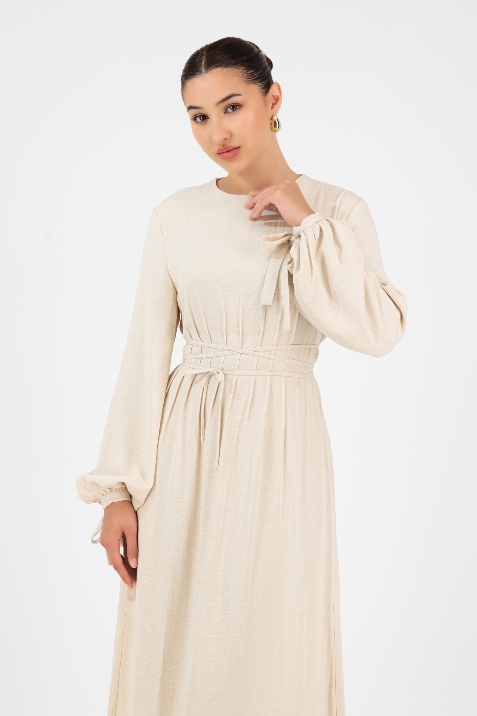 Tie Detail Darted Waist Dress - Crema