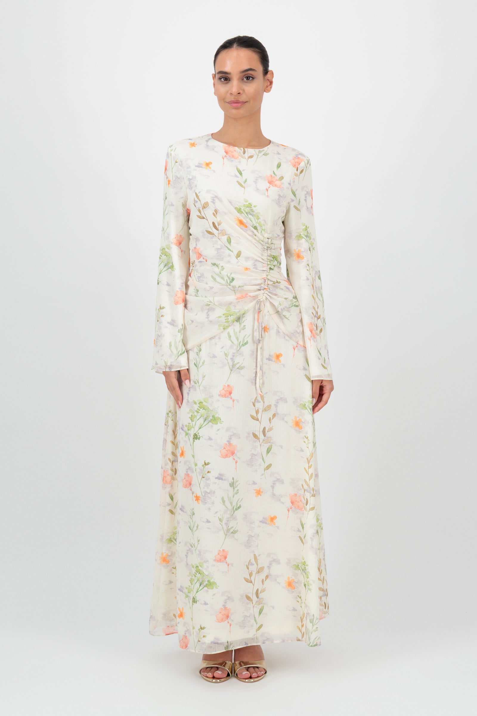FARES Scrunched Waist Chiffon Dress in Wildflower is a flowing chiffon dress with a soft floral print, designed as an elegant long sleeve dress.