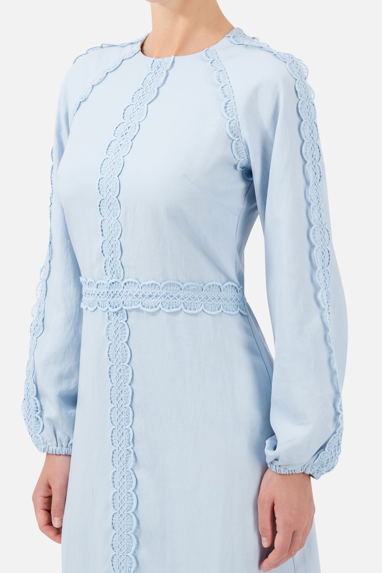Close-up of the crochet trim detail on the Bluebell maxi dress.