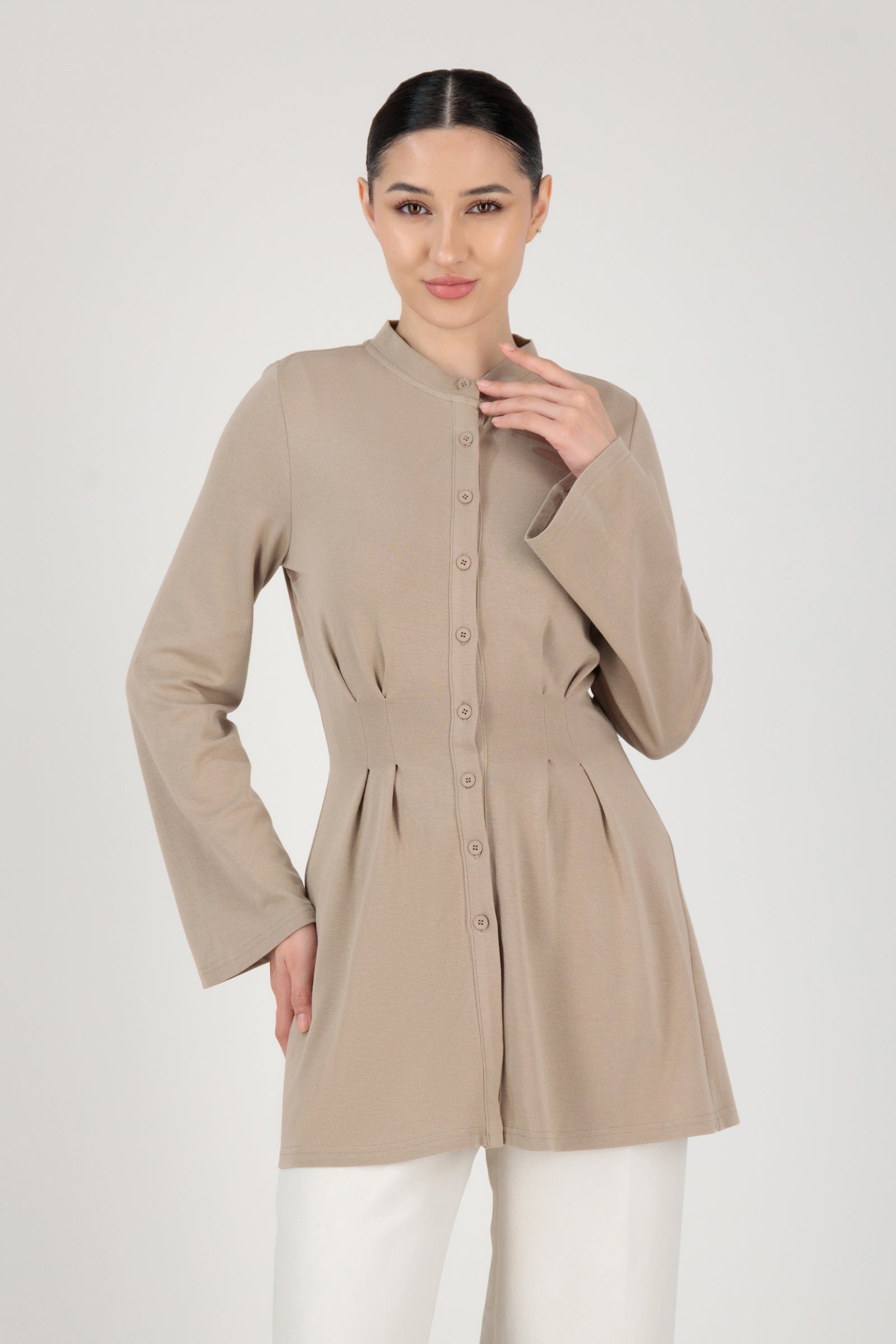 FARES Tailored Knit Tunic in Truffle shown from the front as refined tunic clothing with a clean button-up silhouette and soft knit texture.