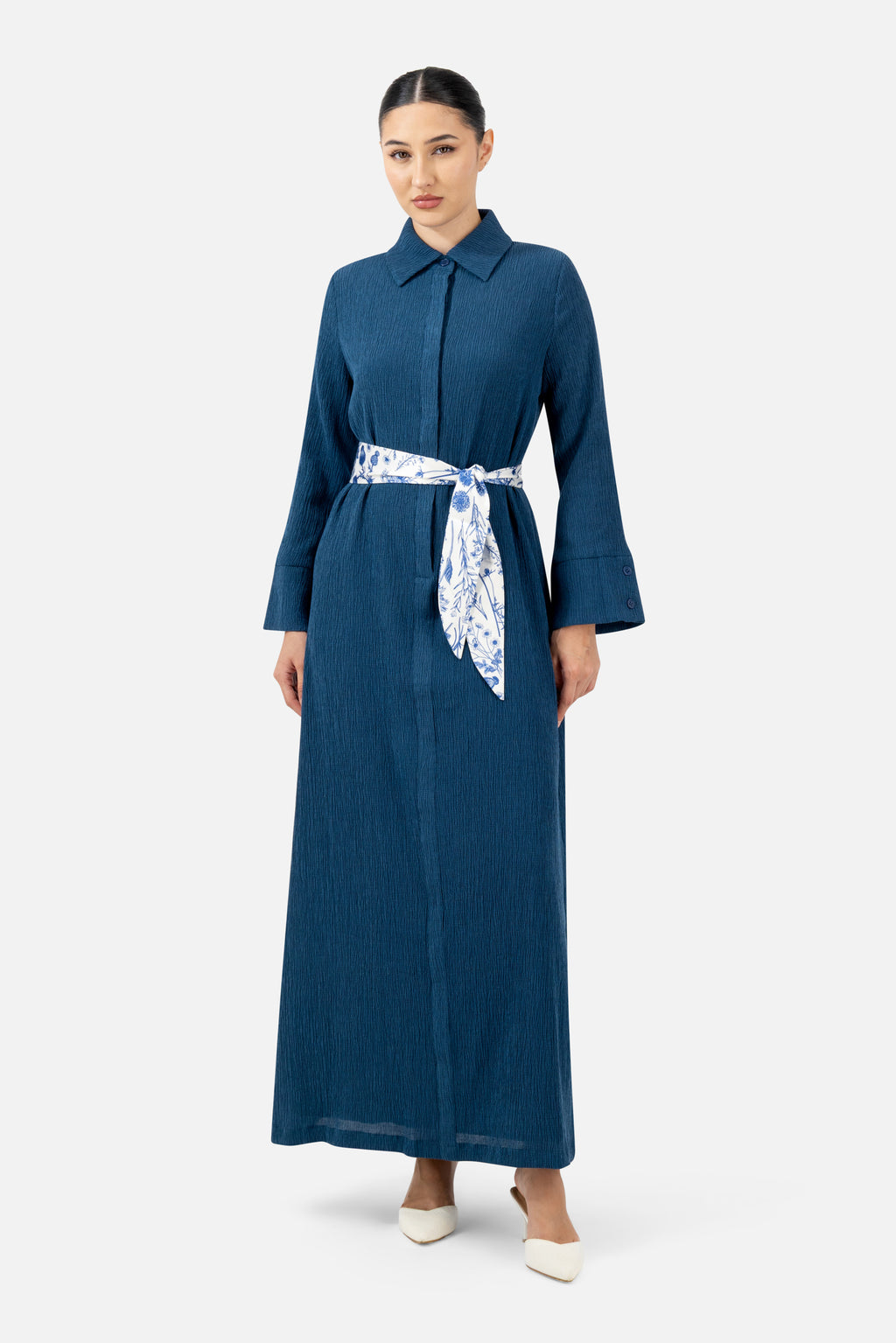 Printed Satin Belt Maxi Dress - FARES - Indigo - Button-up Style - Nursing Friendly