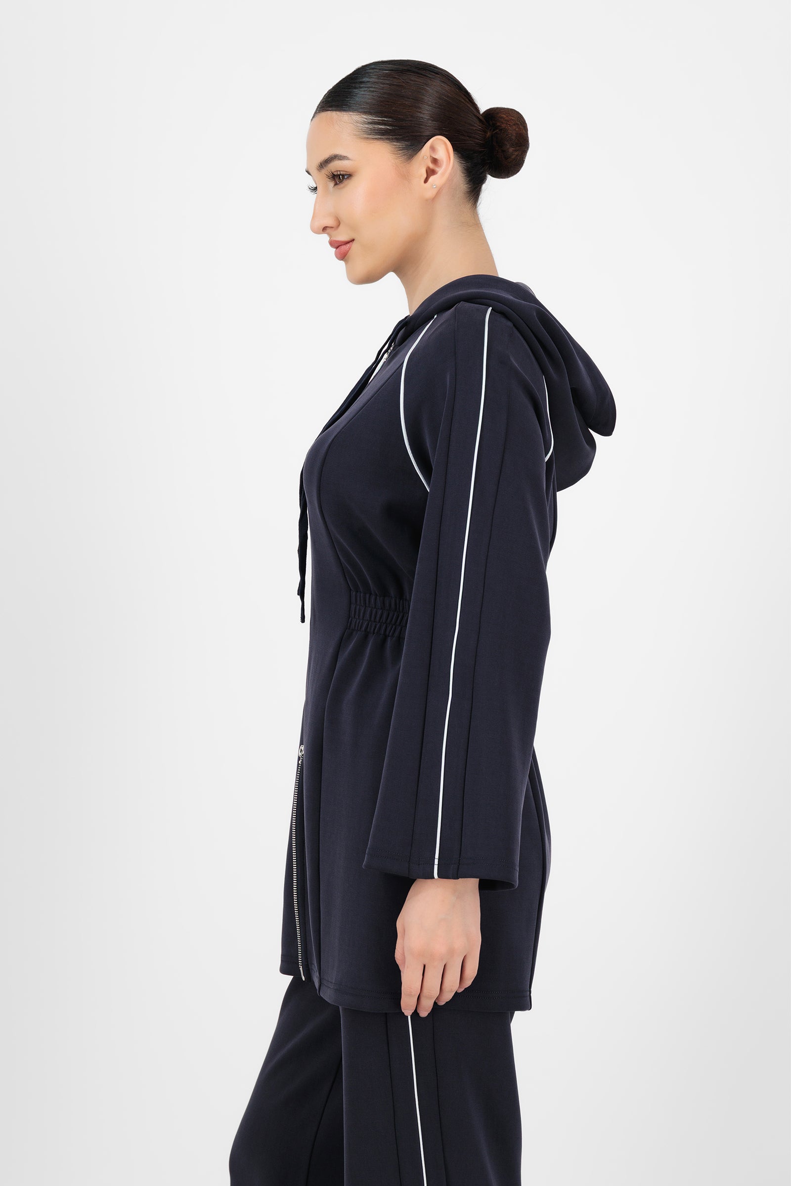 Side angle of the Buttery Contrast Detail Hoodie in Midnight Blue showing the subtle contrast trim and comfortable drape that elevate everyday hoodies for women.