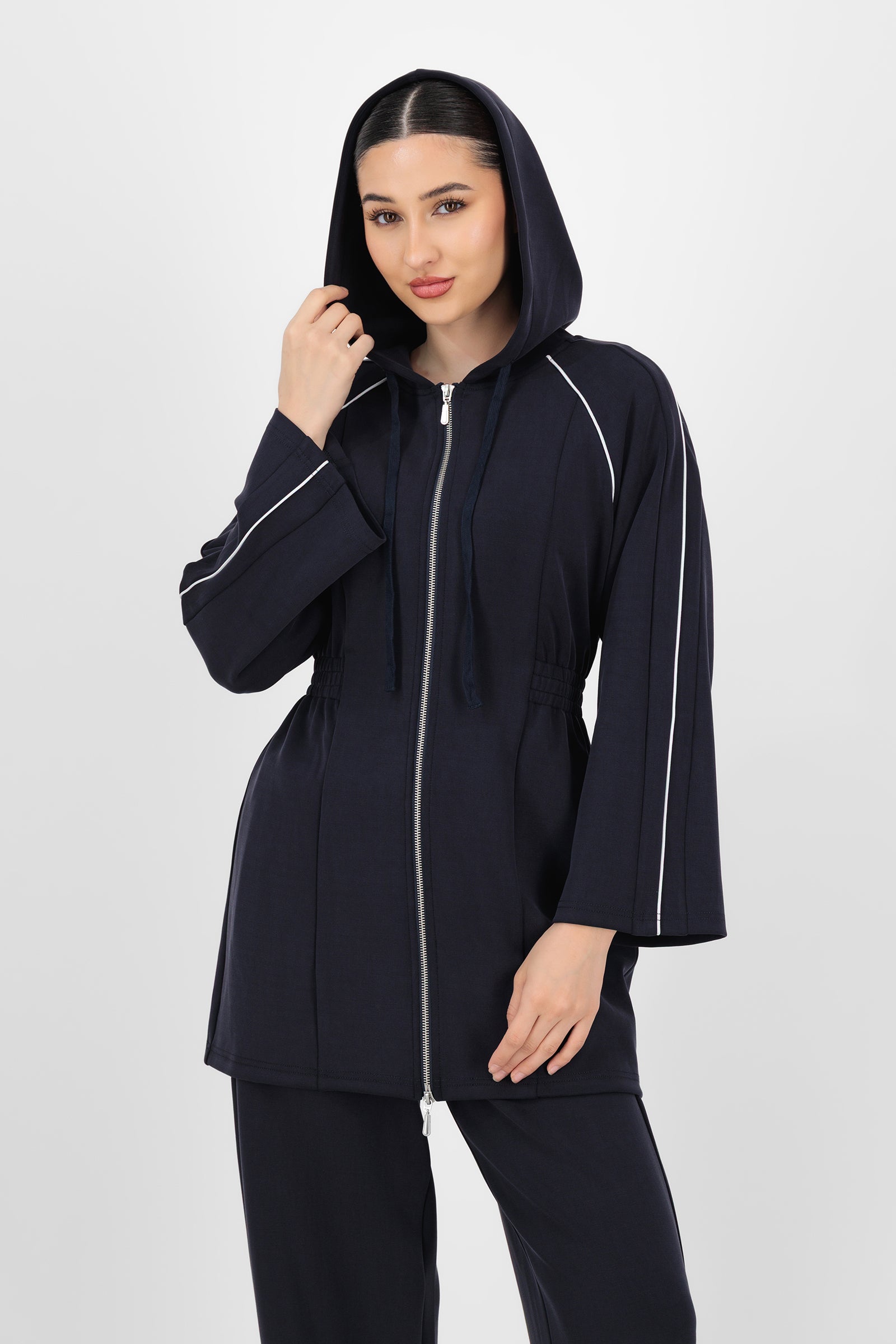 Alternate front pose of the Midnight Blue Buttery Contrast Detail Hoodie capturing the soft fabric, easy fit, and modern detailing that make it a standout among hoodies.