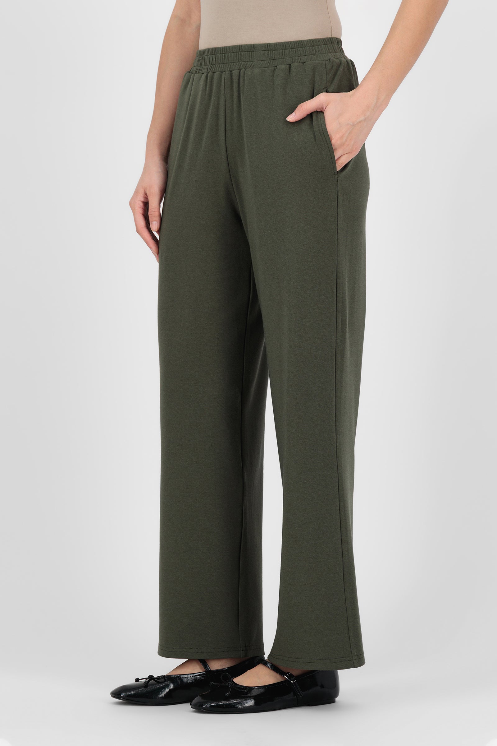 Alternate front pose of the Evergreen Elastic Waist Straight Leg Trouser showing the effortless fit and minimal detailing that make these trouser pants for women versatile for everyday styling.