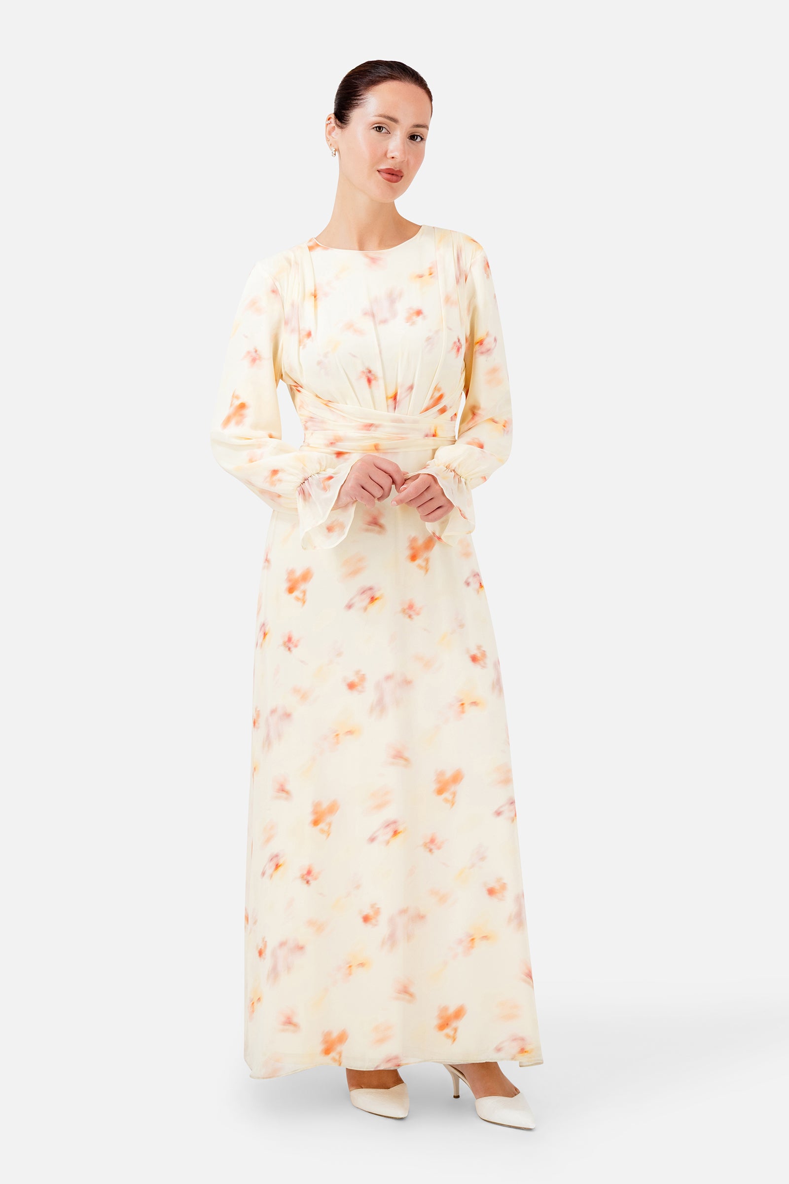 FARES Waist Wrap Chiffon Dress in Sunbloom, a flowing chiffon dress with a delicate floral print and softly defined waist.