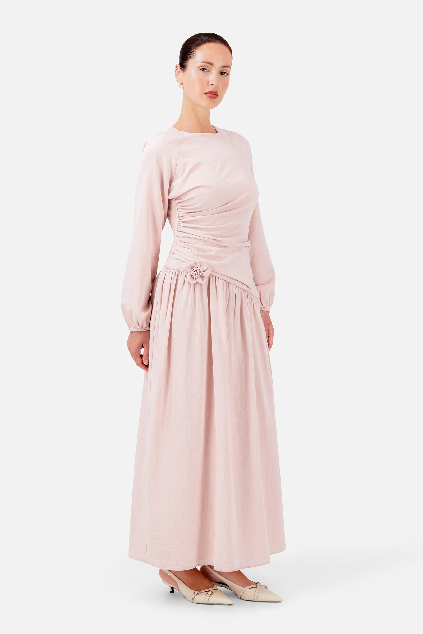 FARES Flower Accent Gathered Dress in Ballet Pink with a flowing skirt and softly gathered waist, designed for women who love feminine summer dresses.