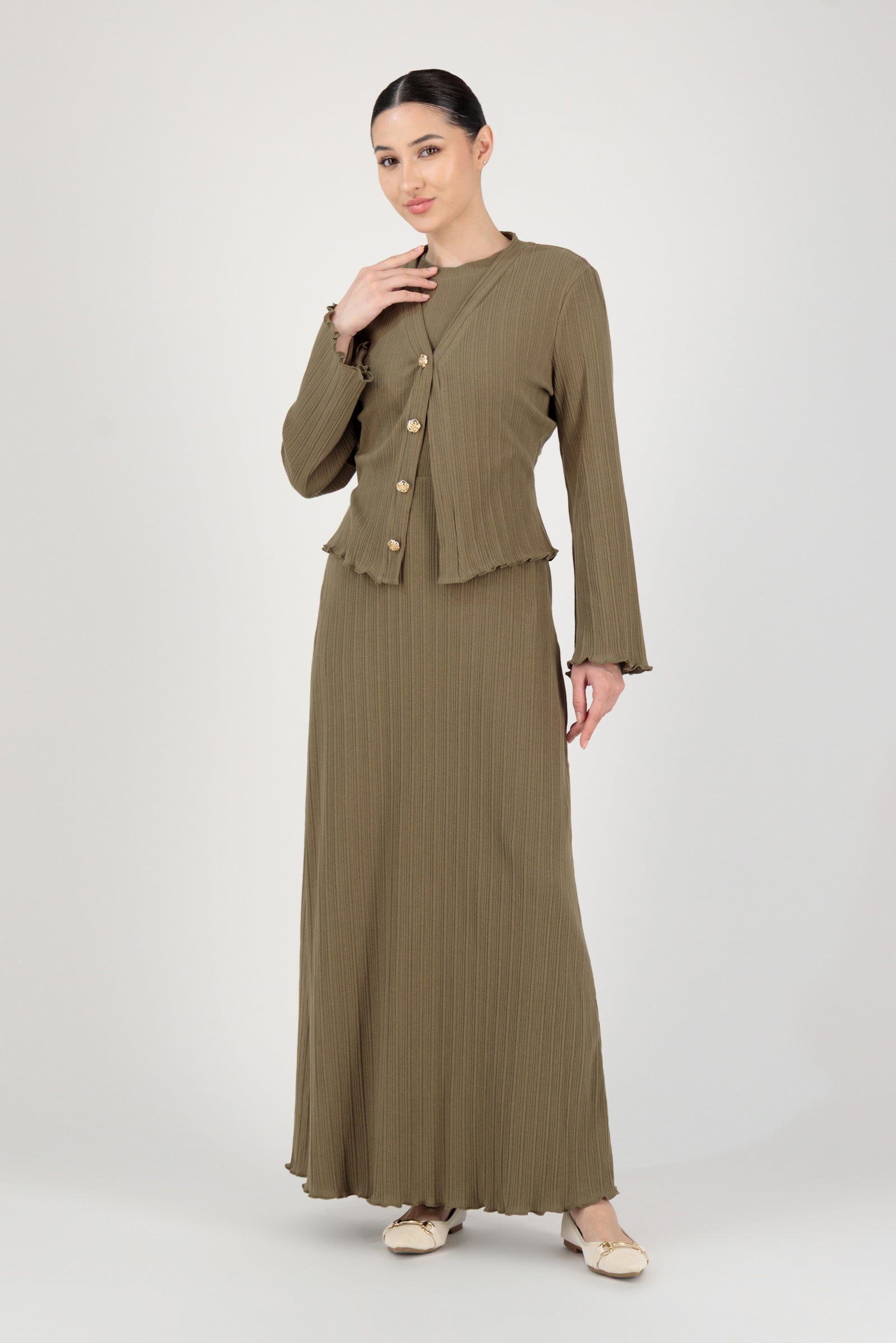 FARES Ribbed Cotton Dress and Cardigan in Grove shown from the front as an elegant long sleeve dress layered with a matching cardigan sweater.