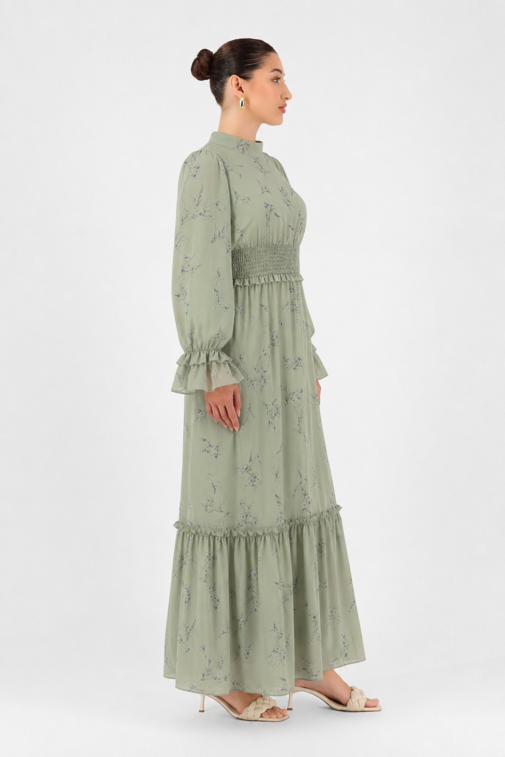 Side profile of the Sage Meadow summer dress highlighting the lightweight fabric and graceful drape.