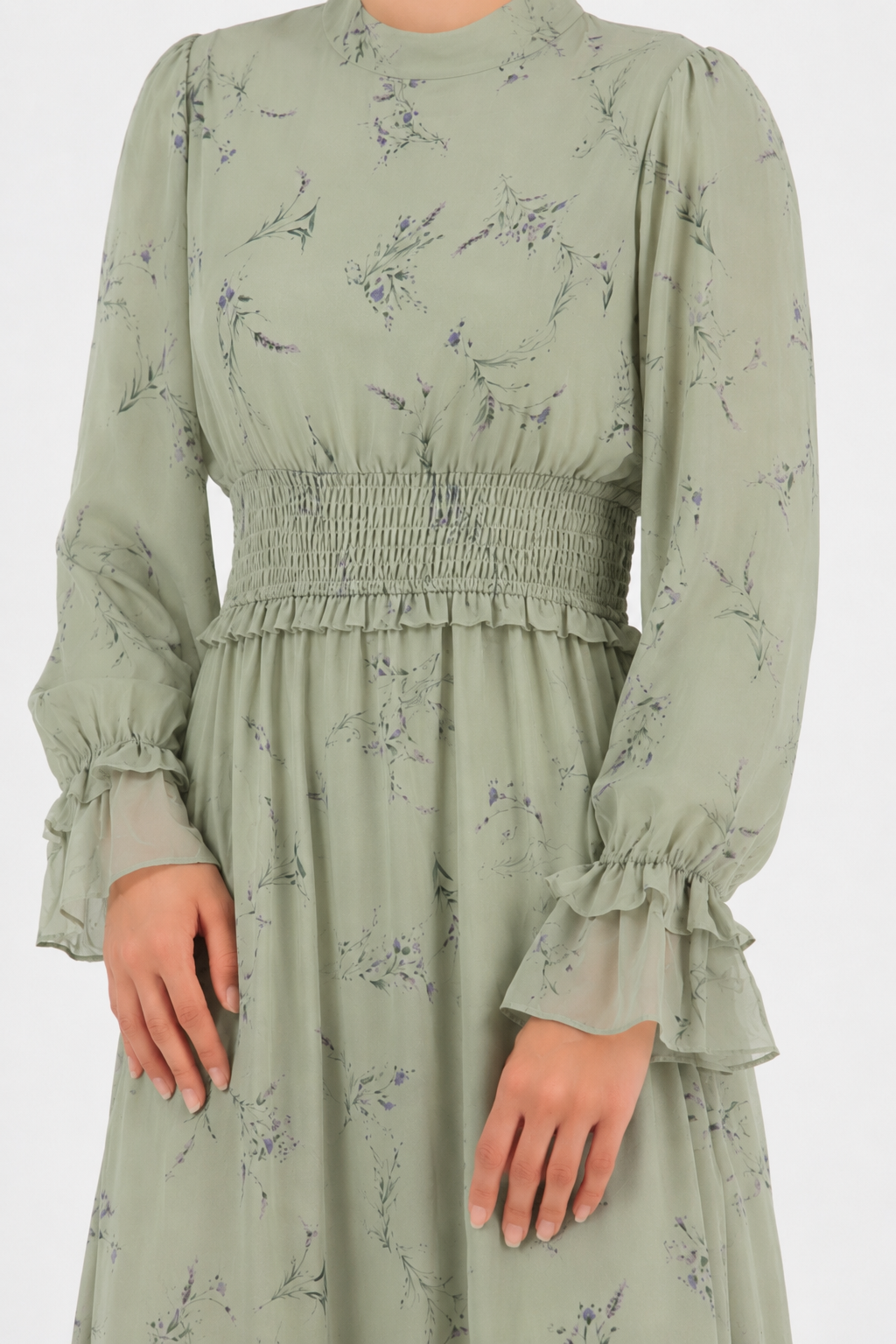 Close-up of the bodice and long sleeves on the Sage Meadow summer dress.