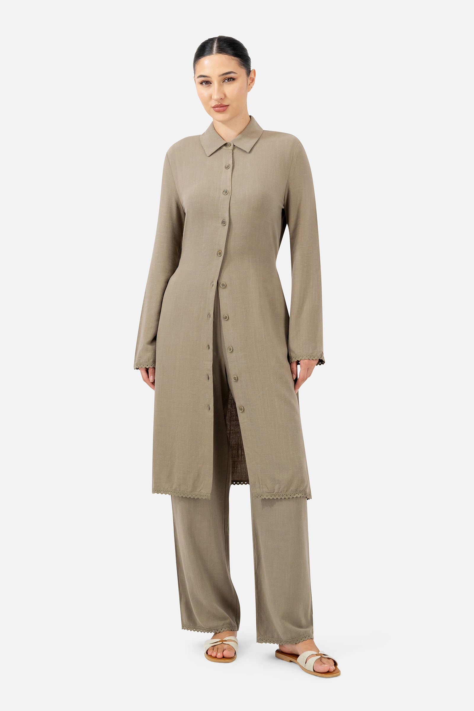 Full-length view of the model wearing the Haze Relaxed Fit Pants with a matching longline tunic.