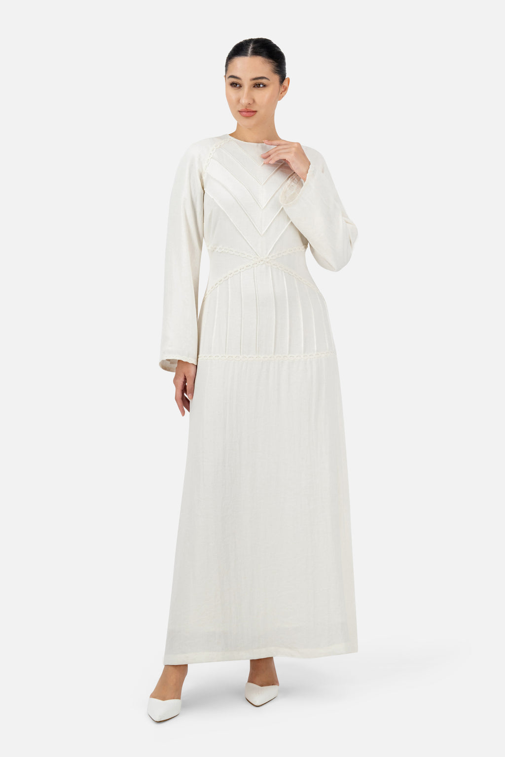 long sleeve white summer dress Elegant Modest Maxi - FARES - Warm - Geometric Detail 35.8 SIZE S Textured Cotton Gauze Drop DSLA OUTFITS AD WITH Color:Khaki green