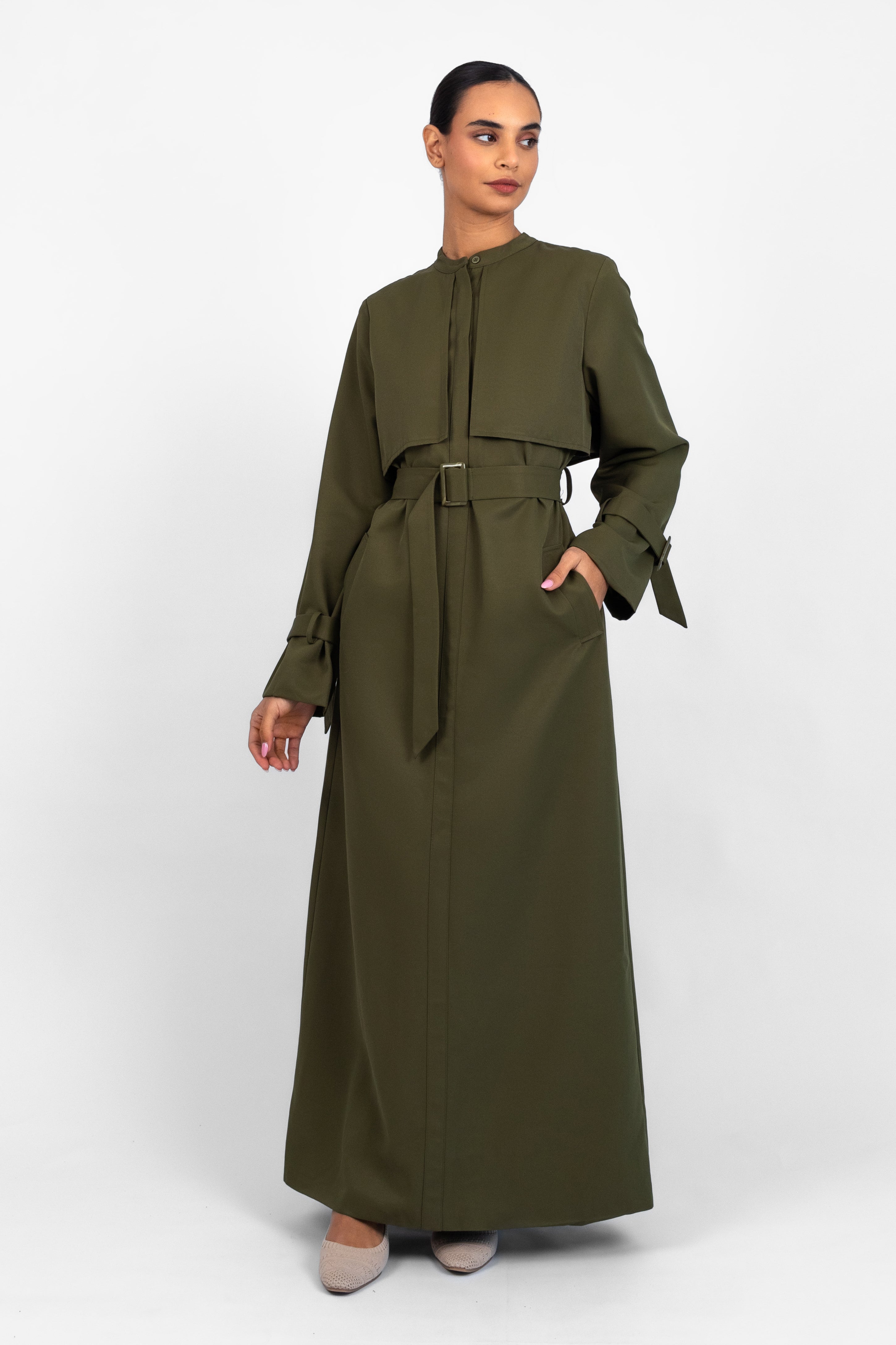 Trench Coat Maxi Modest Dress - FARES - Khaki Green - M Trench Coat Maxi Modest Dress - FARES - Khaki Green - M