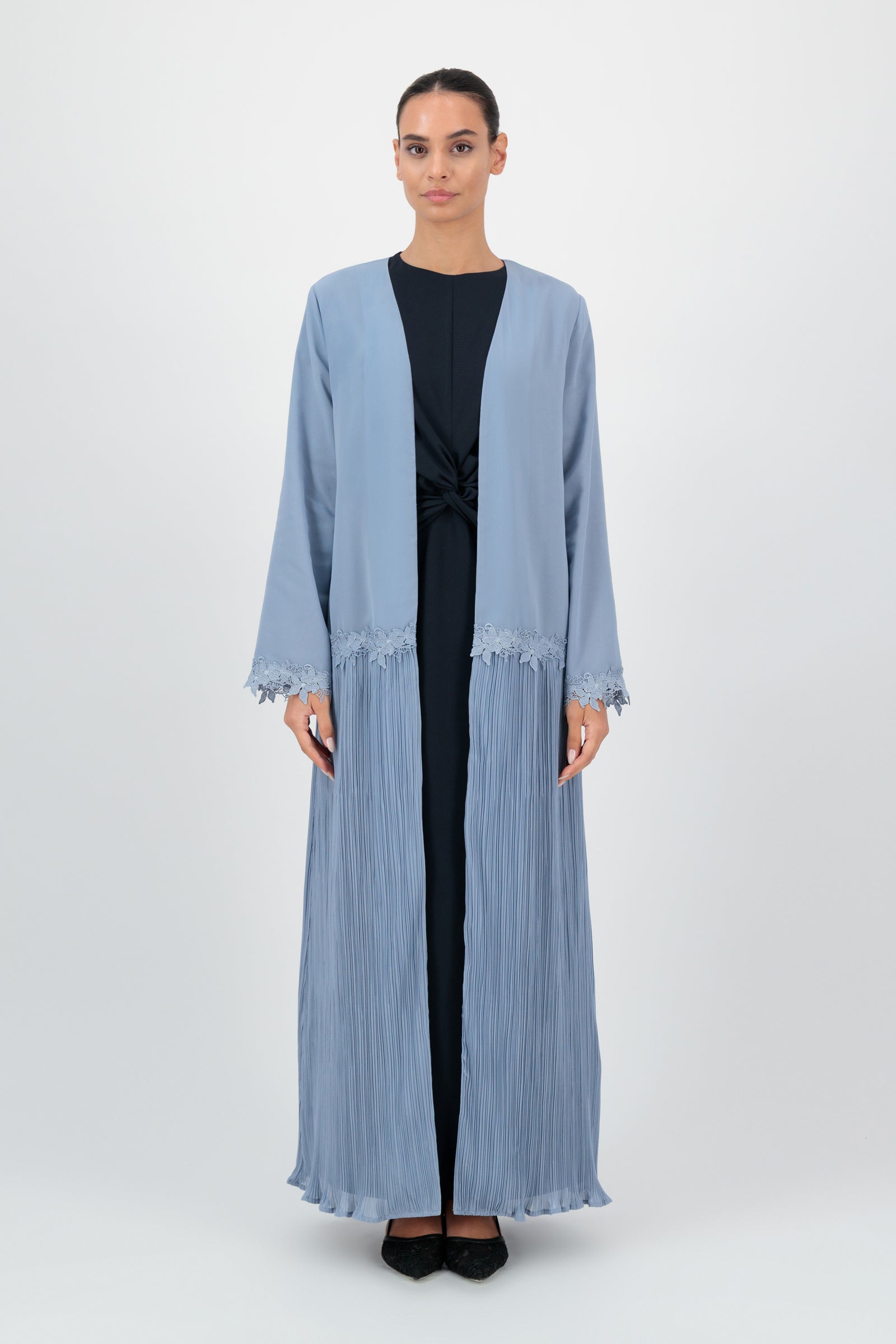 Pleated Detail Abaya - FARES - Light Blue - Floral Trim Design - L Pleated Detail Abaya - FARES - Light Blue - Floral Trim Design - L