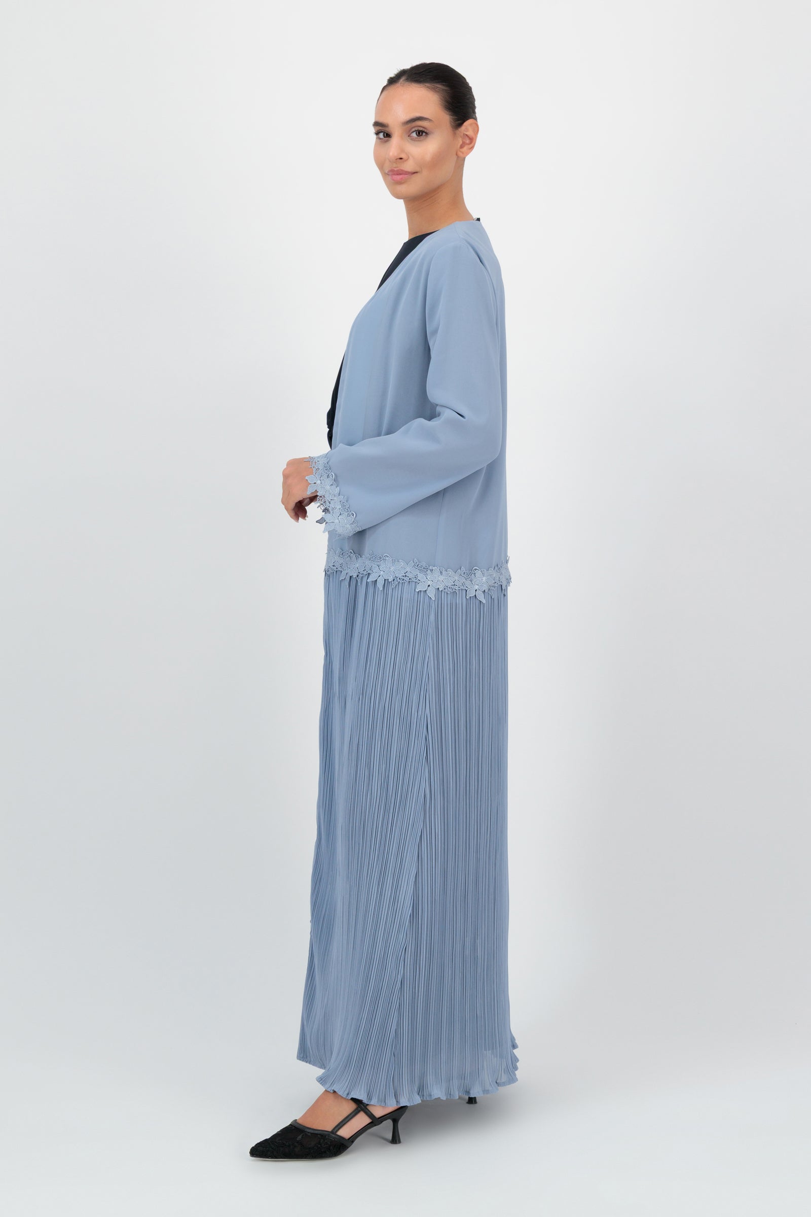 Floral Trim Pleated Abaya - Sama