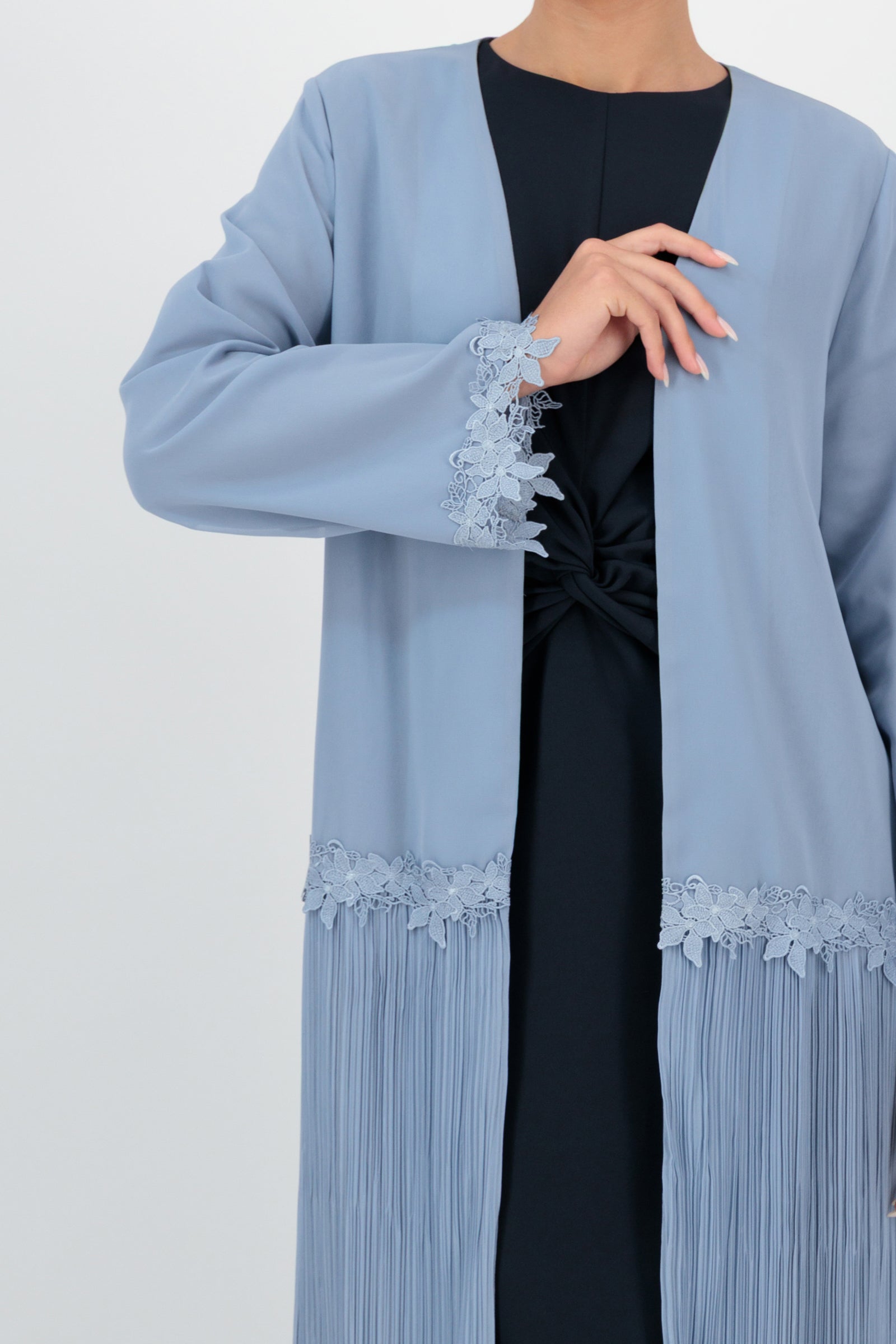 Floral Trim Pleated Abaya - Sama