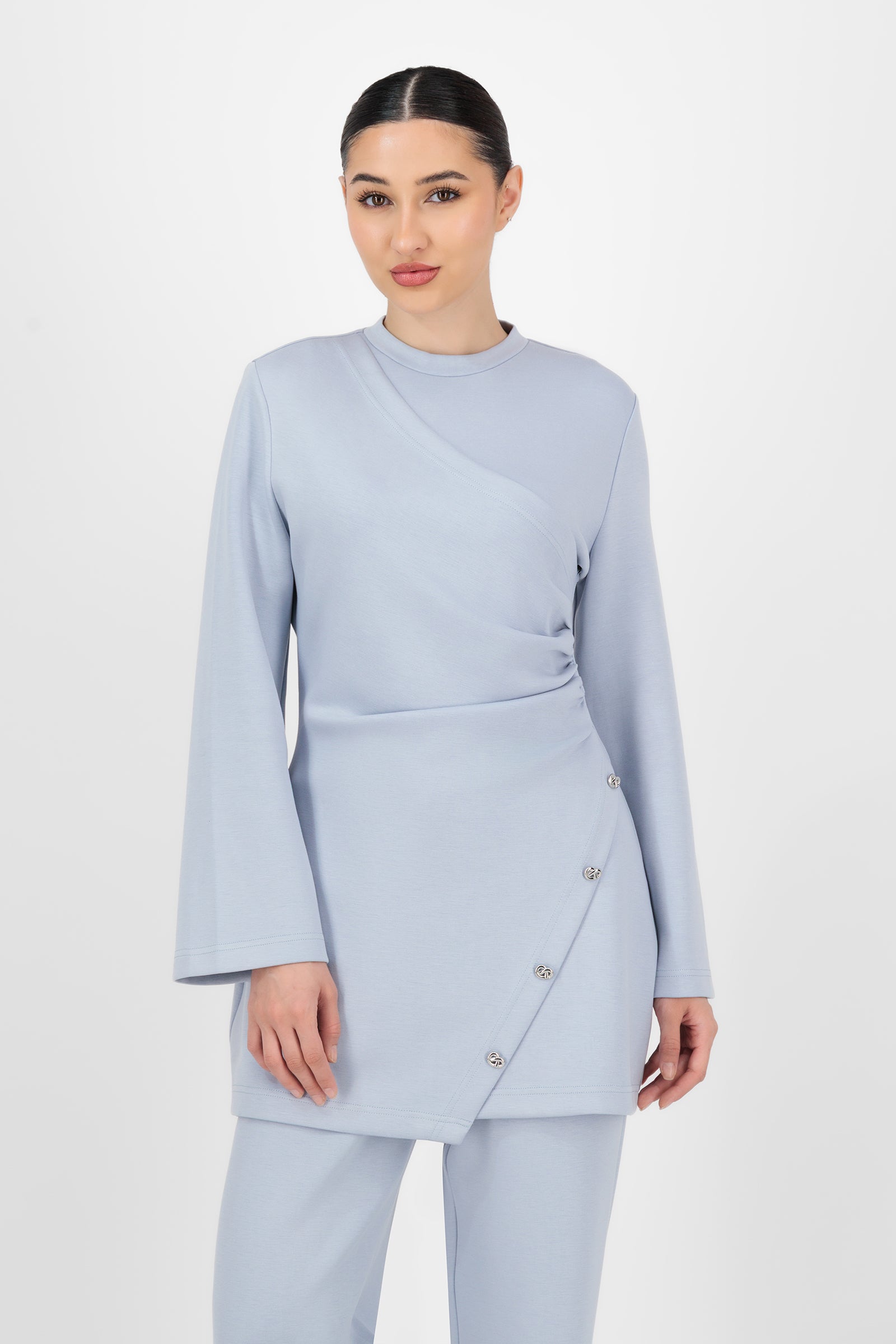 FARES Buttery Side Ruched Tunic Light Blue | Tunic Clothing FARES Buttery Side Ruched Tunic Light Blue | Tunic Clothing