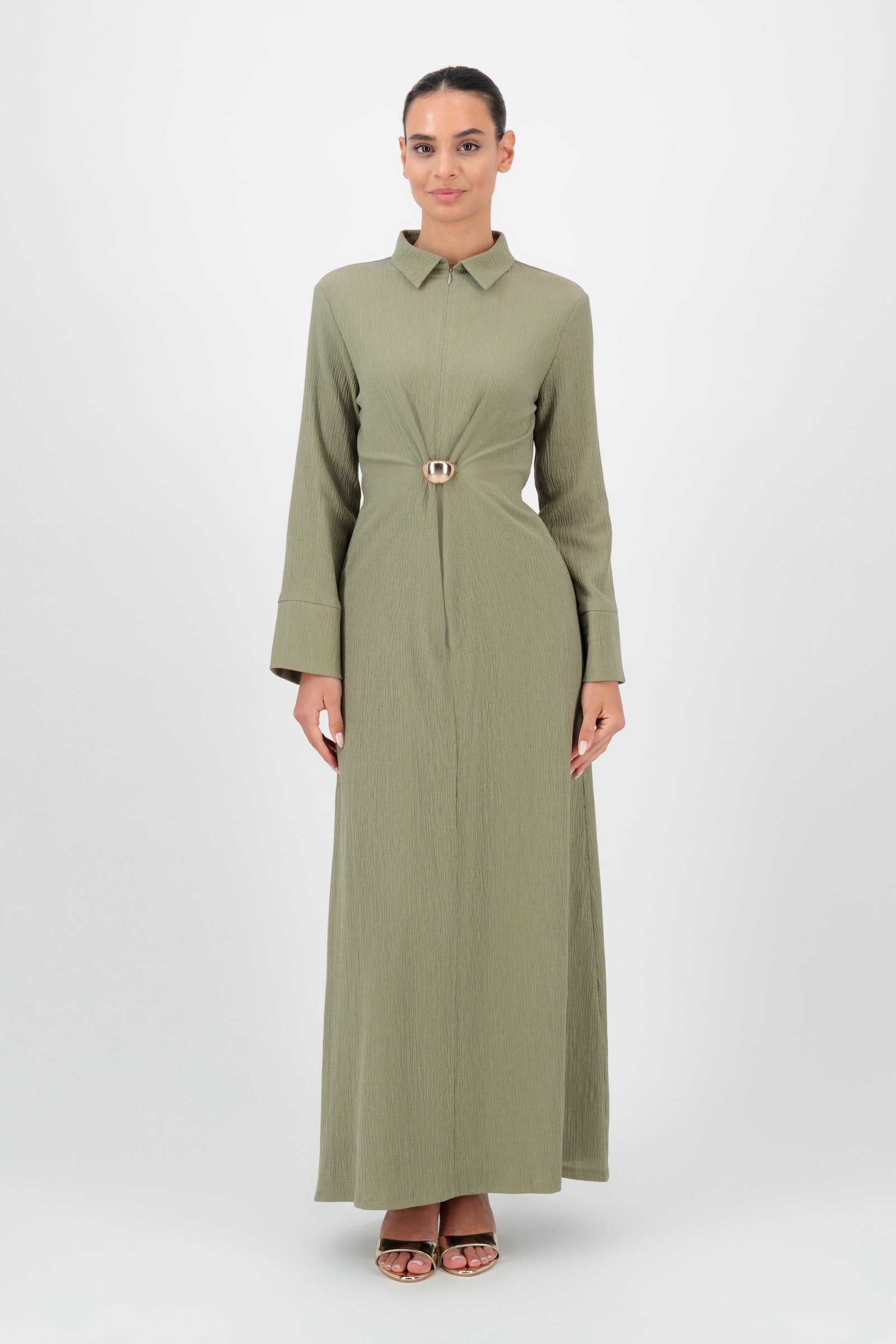 Gold Accent Half Zip Abaya - Pistachio