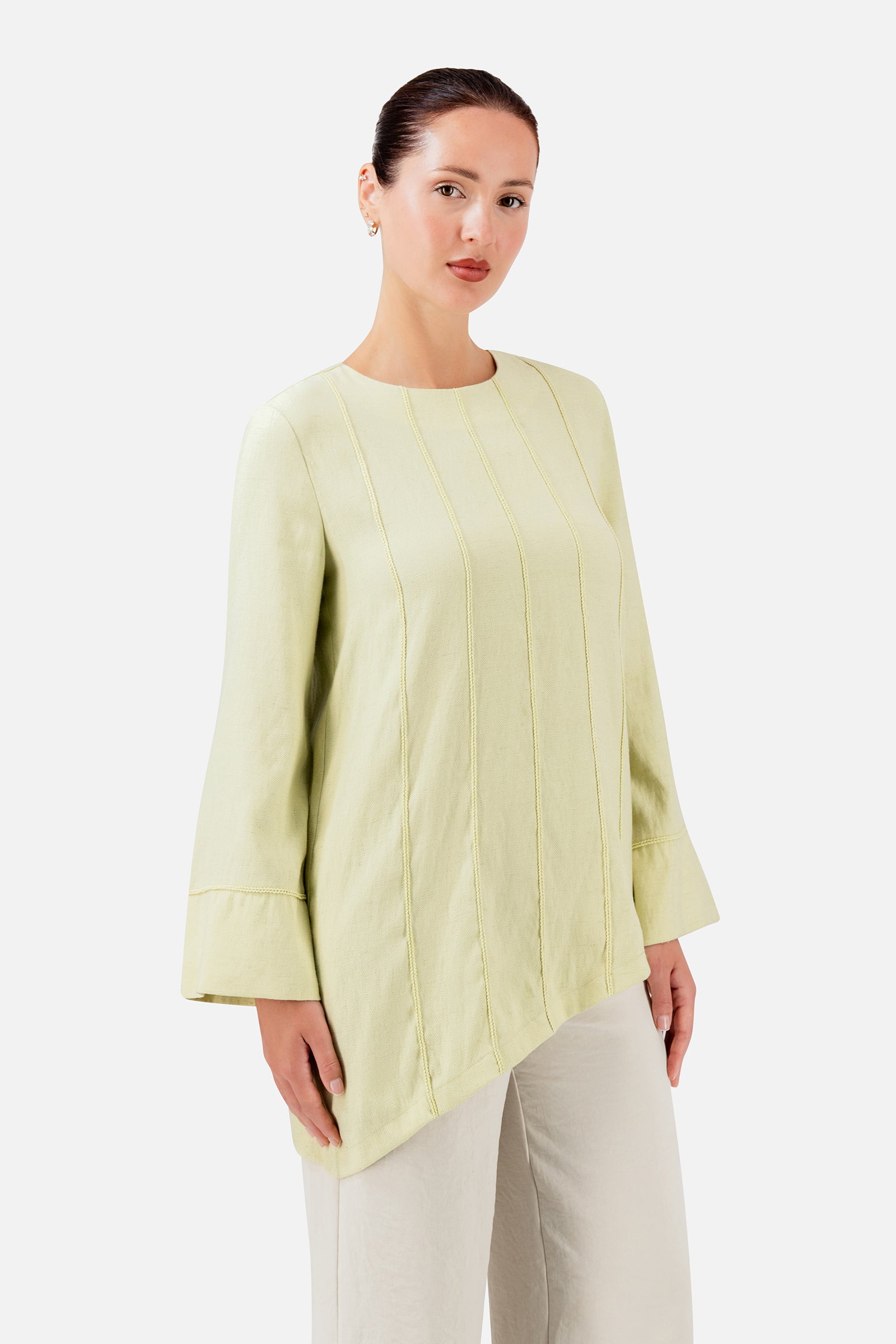 FARES Braid Detail Slanted Tunic in Honeydew, a flowing piece of tunic clothing with delicate braid detailing and an asymmetric hem.