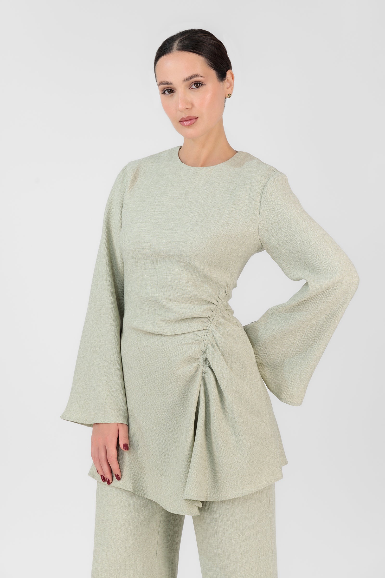 FARES Modest Long Sleeve Tunic – Soft Green | Ruched Detail