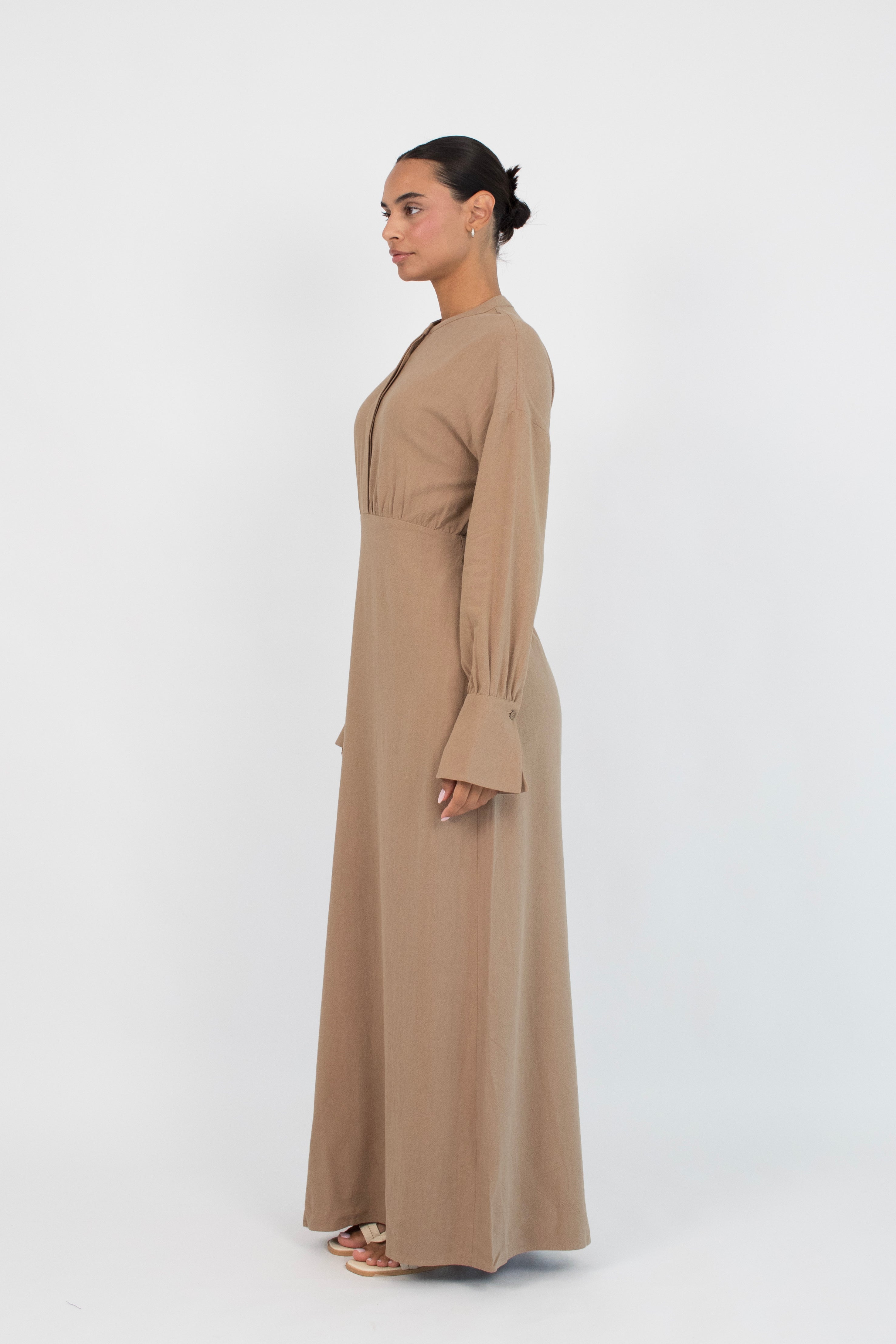 CA - Flared Cuff Linen Blend Dress - Camel