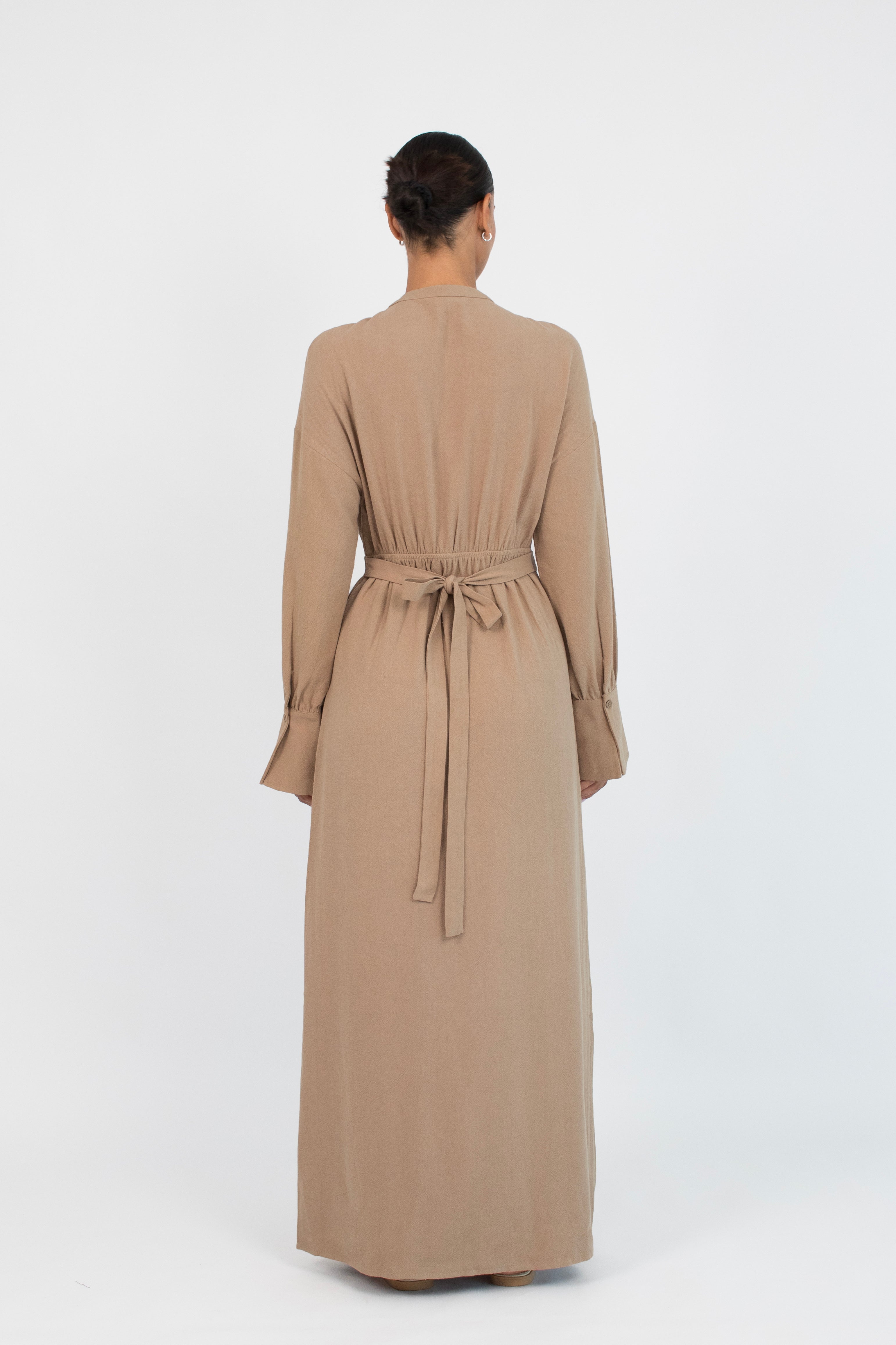 AE - Flared Cuff Linen Blend Dress - Camel