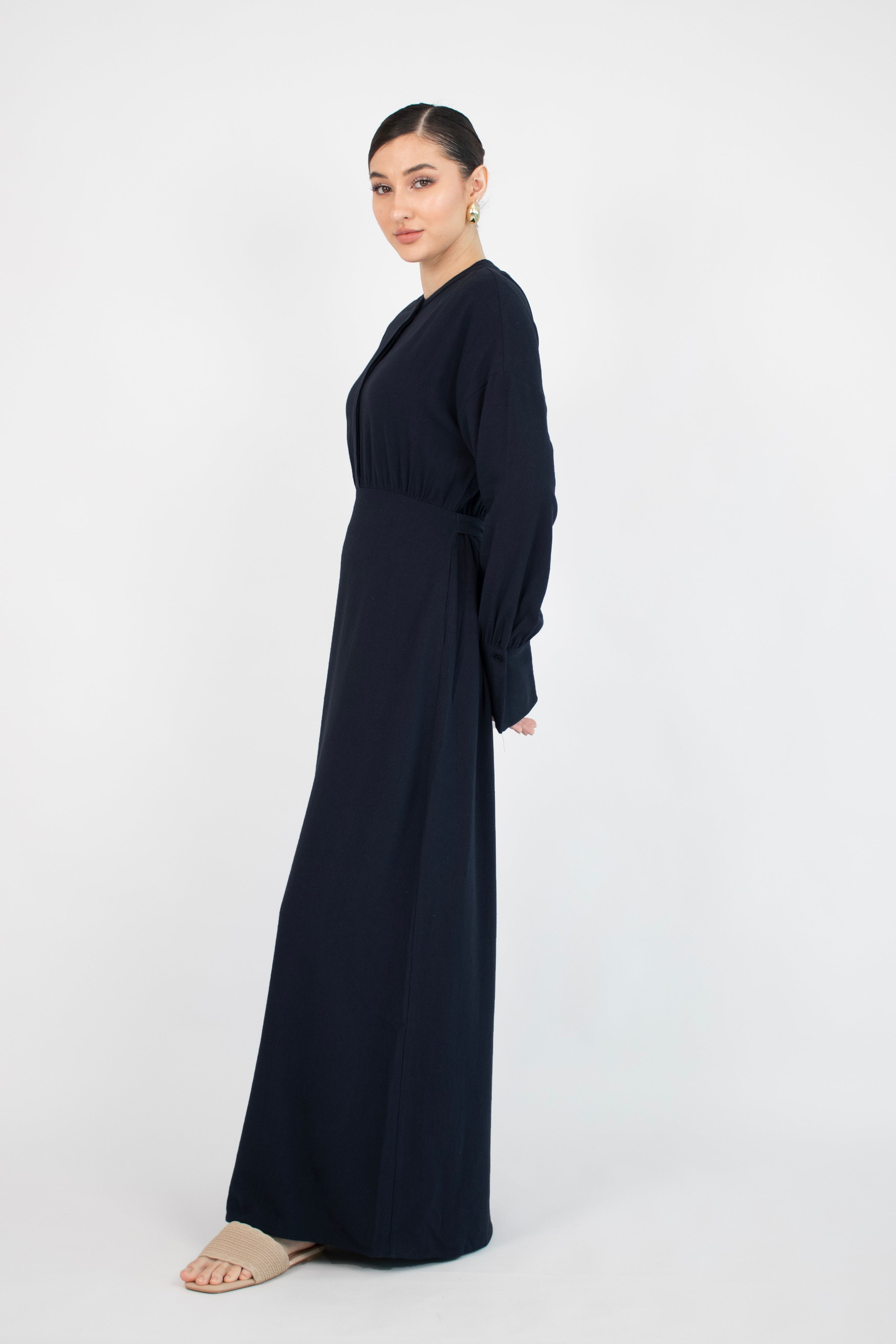 AE - Flared Cuff Linen Blend Dress - Navy