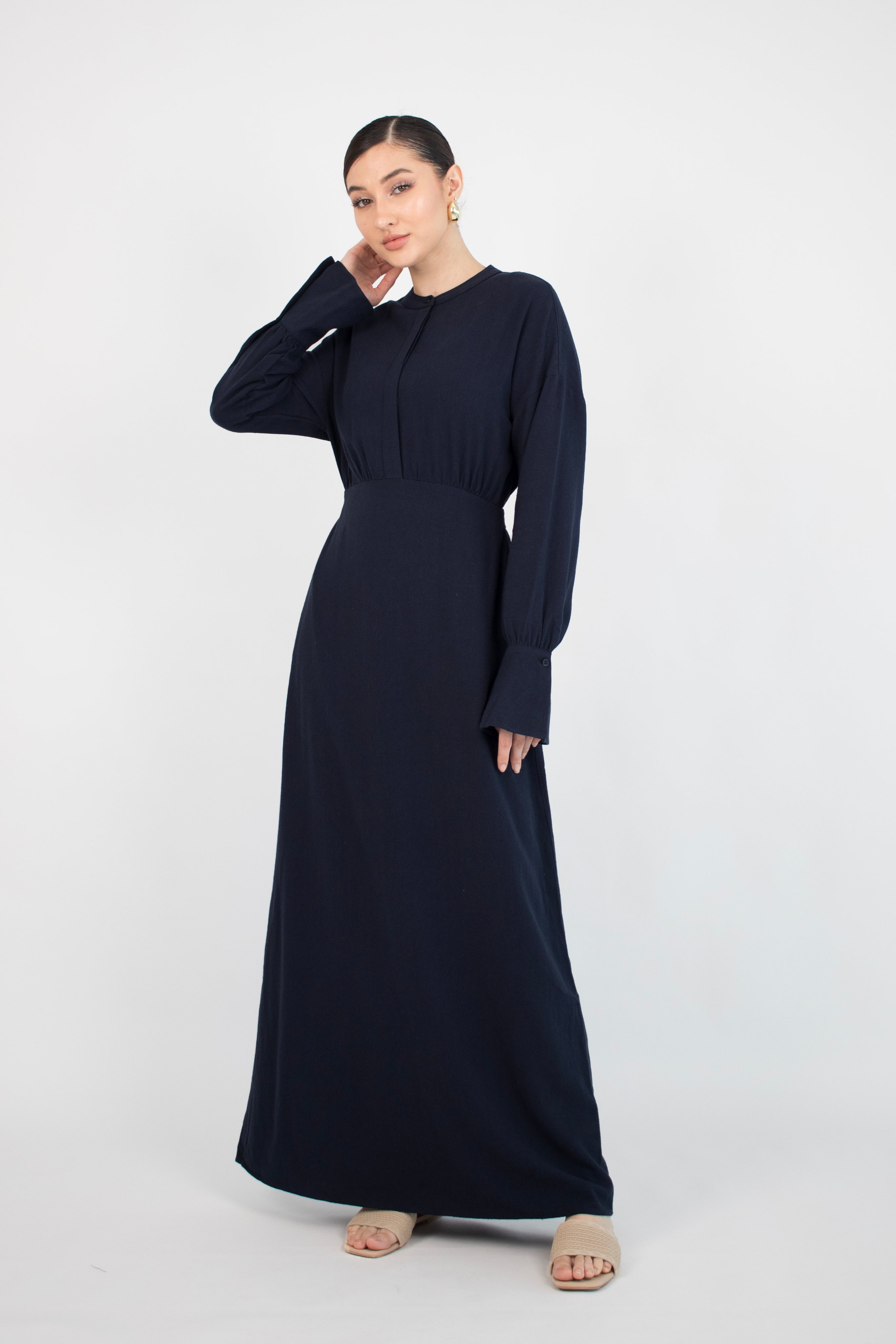 CA - Flared Cuff Linen Blend Dress - Navy