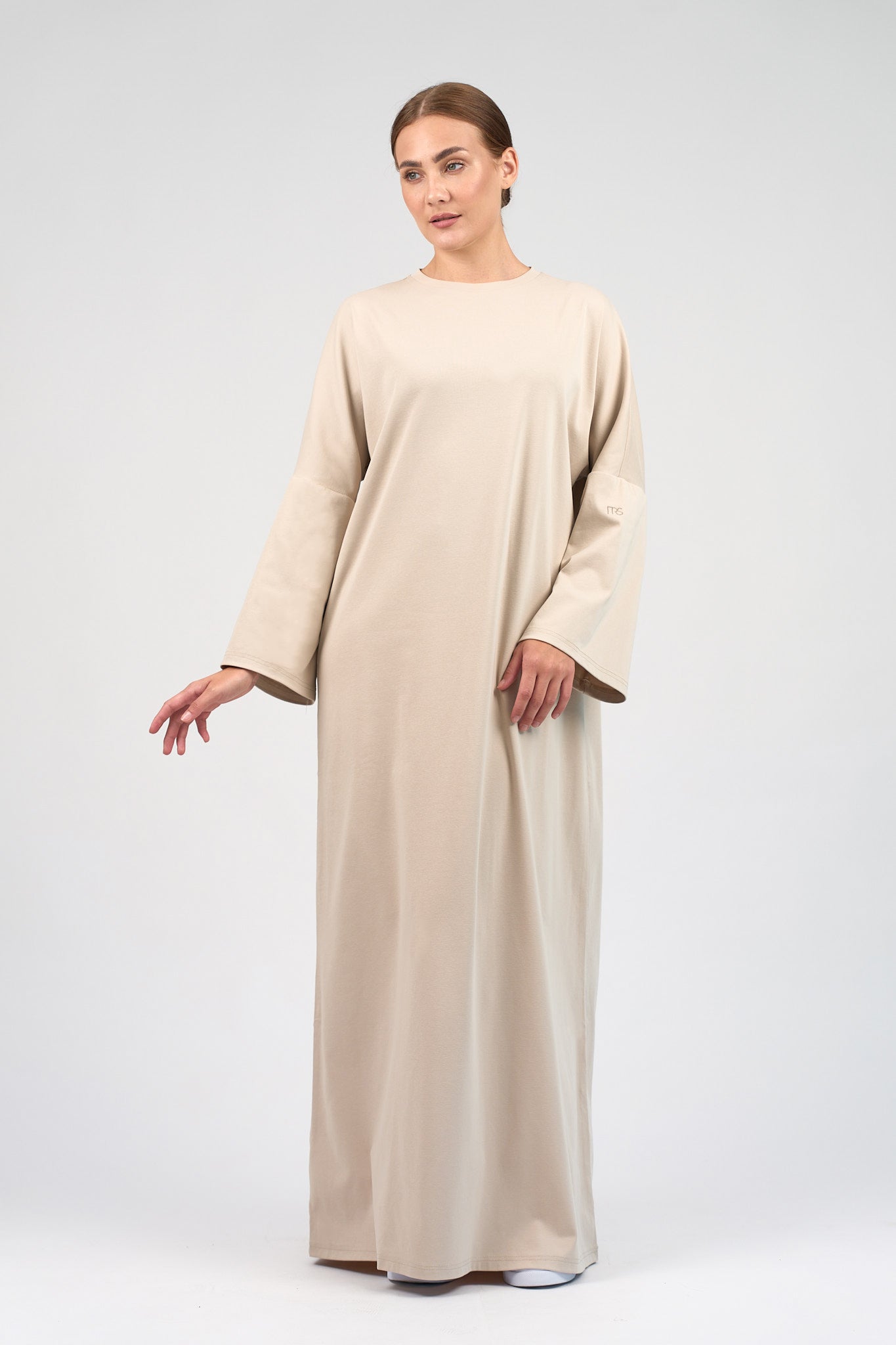 Colour: Mink. A model in a front pose wearing a Cotton Maxi Dress