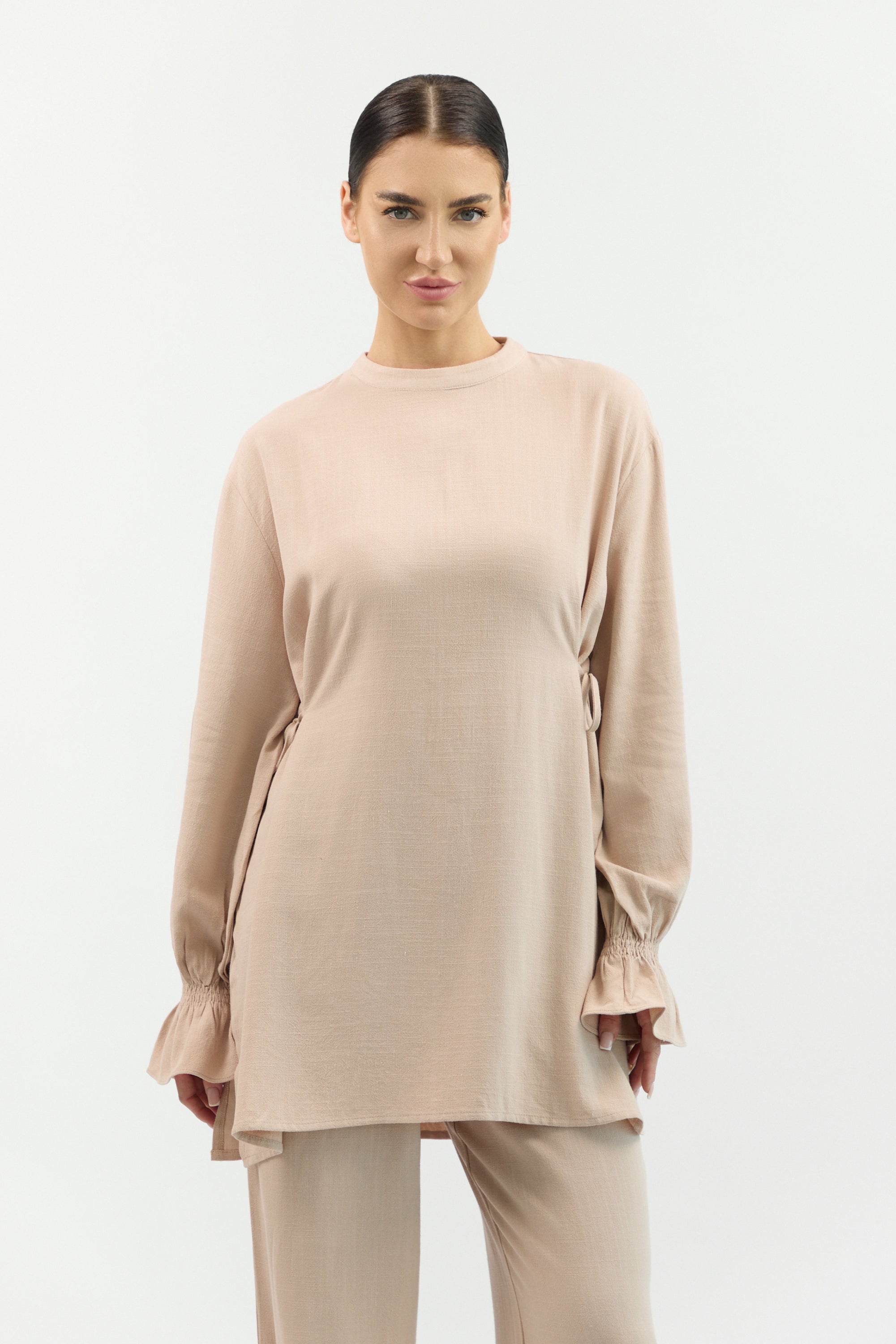Bow Detail Linen Blend Top - Pearl