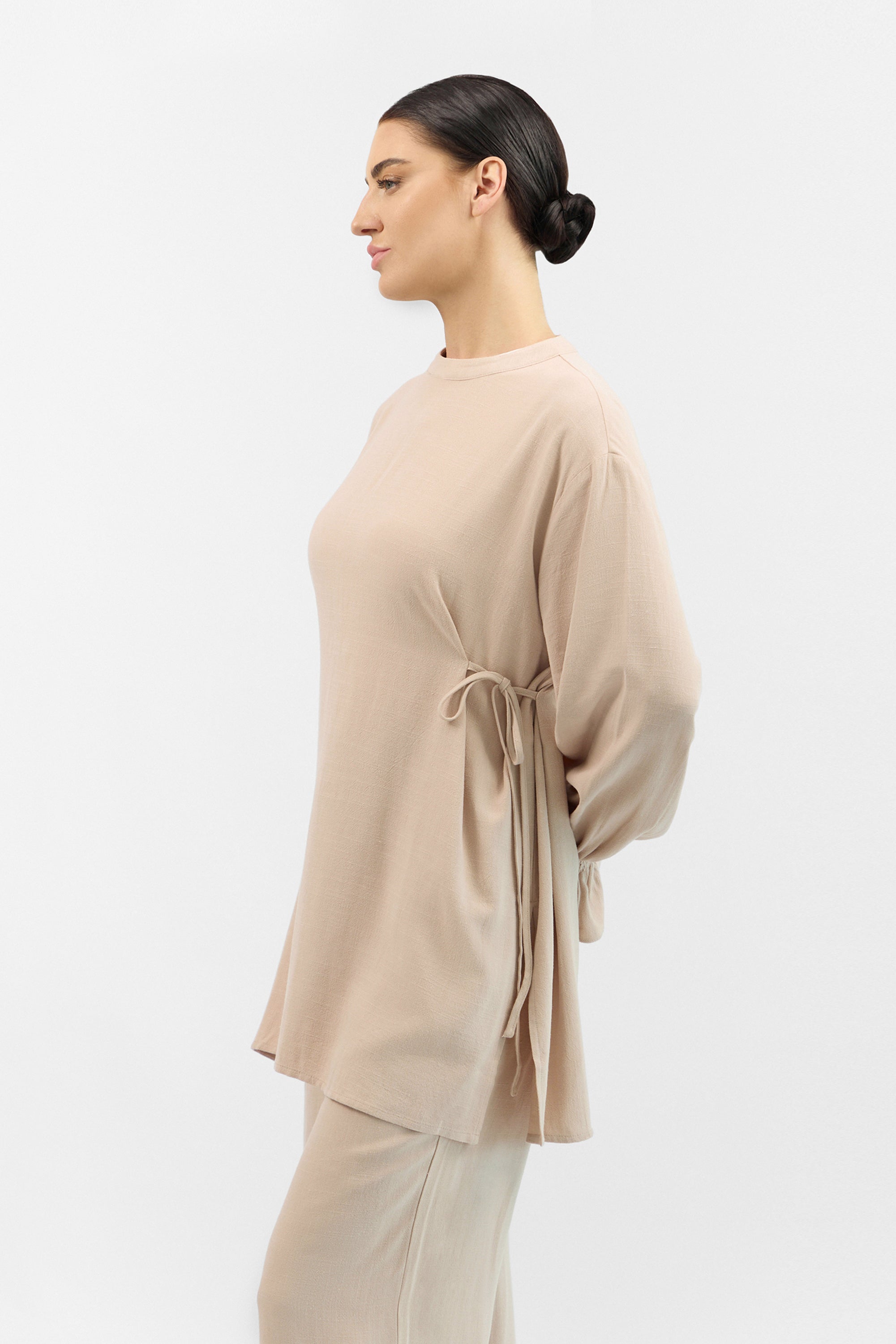 Bow Detail Linen Blend Top - Pearl