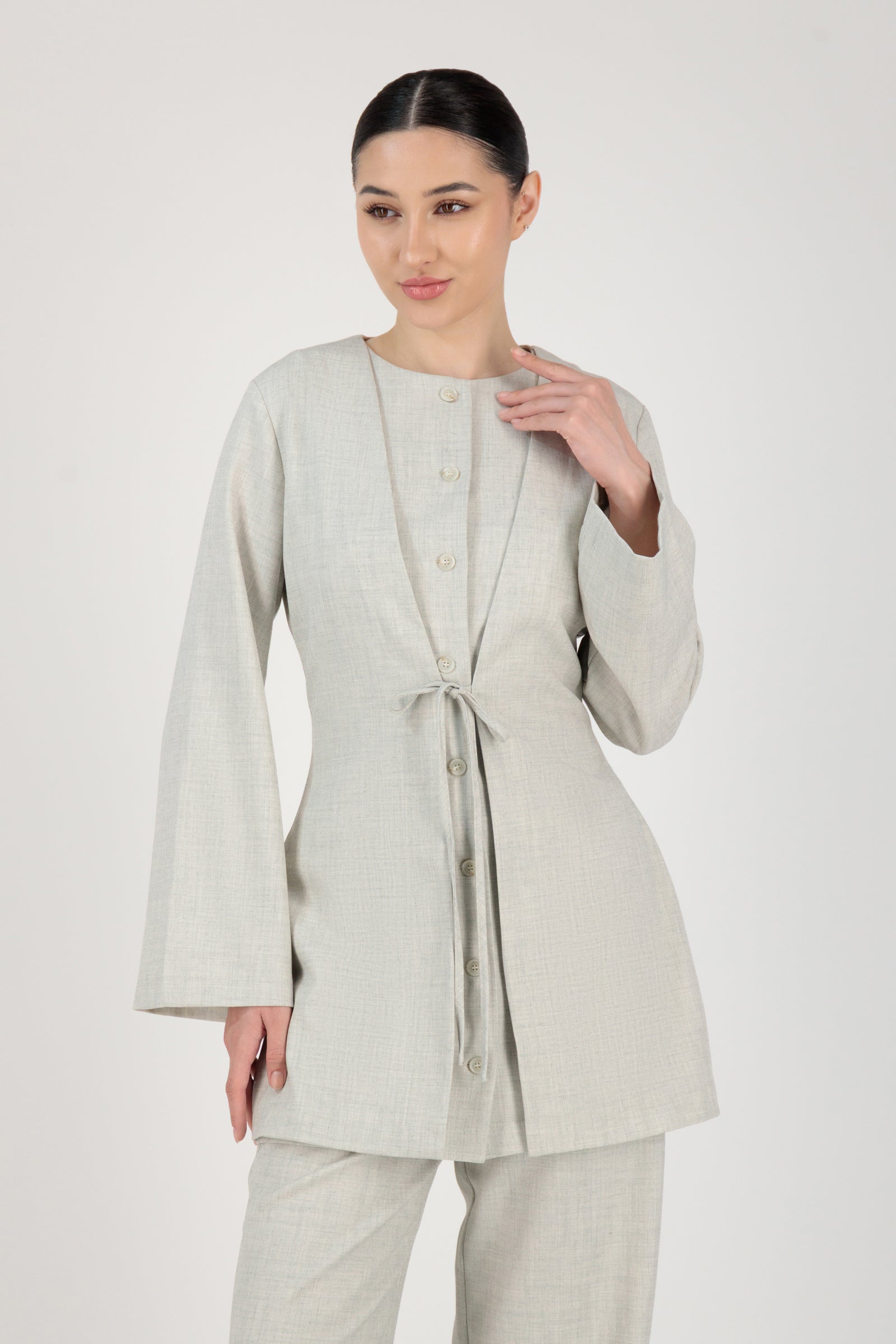 FARES Tailored Button-Up Tunic in Chalk shown from the front as refined tunic clothing with a soft button-up silhouette and clean tailoring.