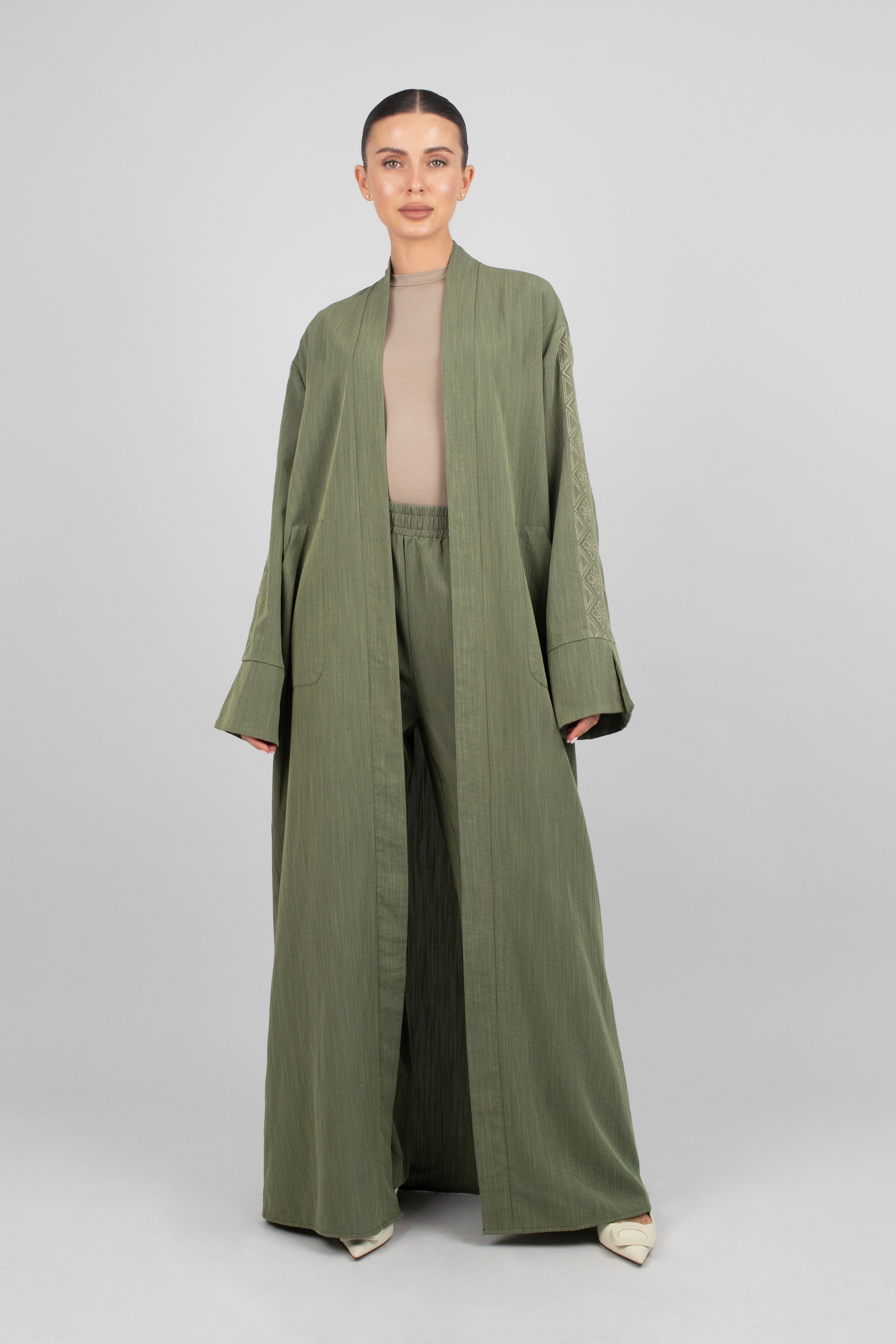 US - Embroidered Sleeve Abaya - Desert Green