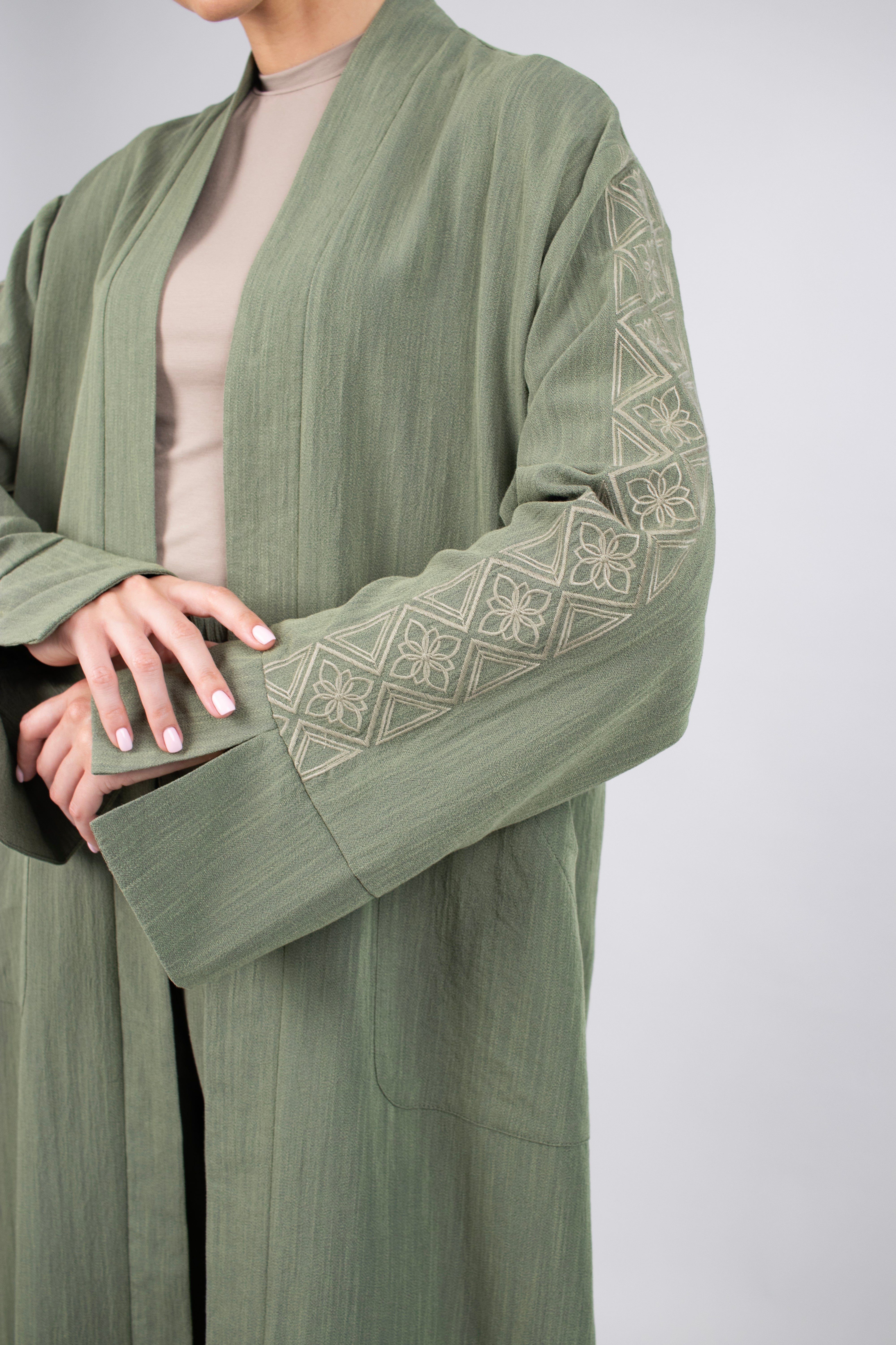 AE - Embroidered Sleeve Abaya - Desert Green