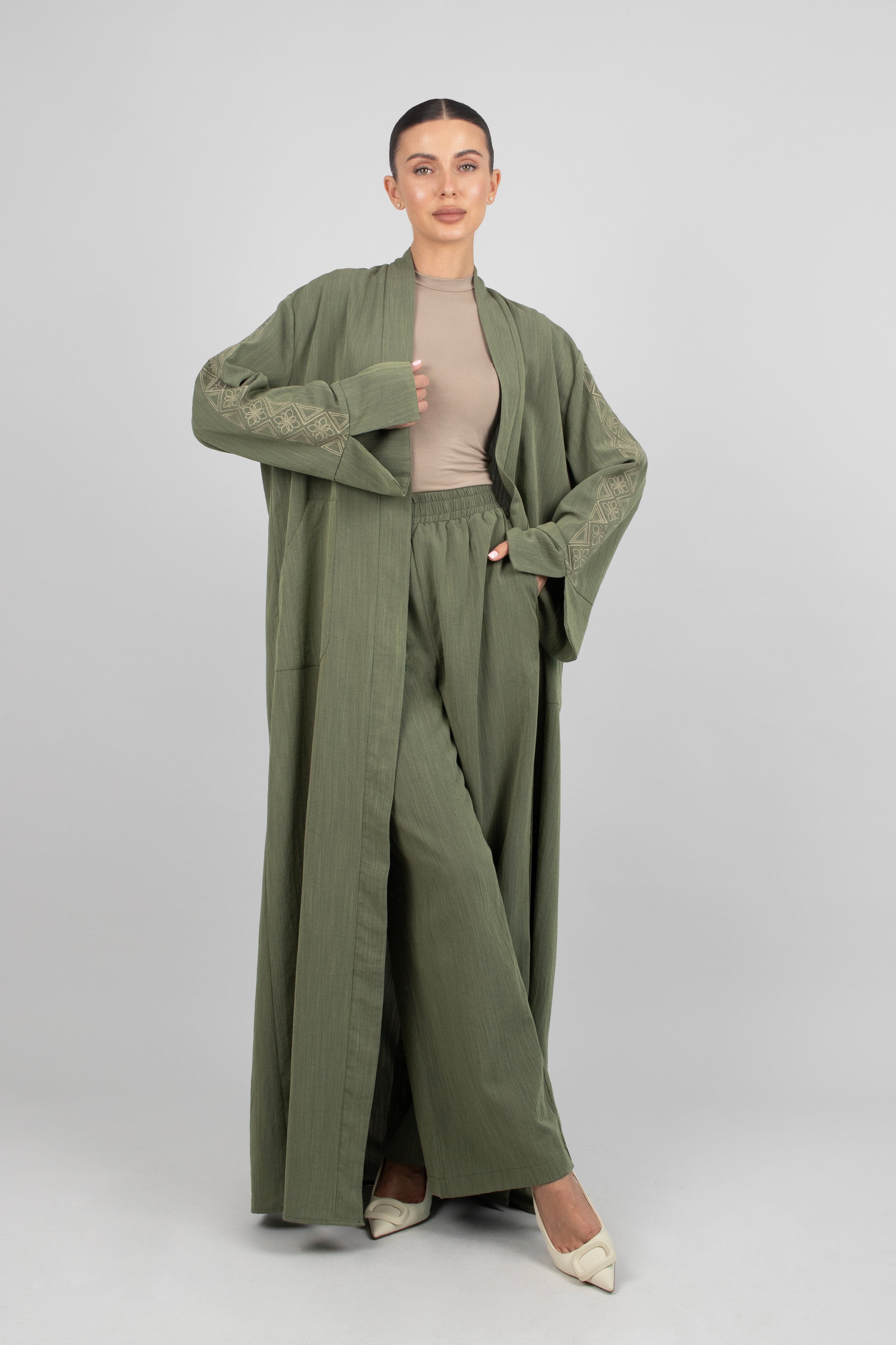 CA - Embroidered Sleeve Abaya - Desert Green
