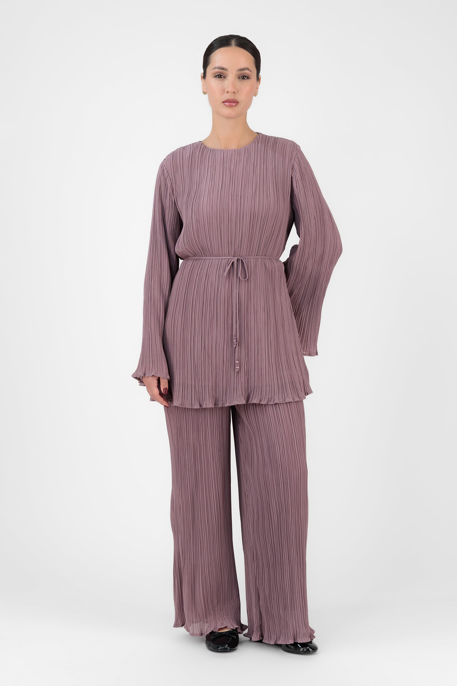 Plisse Tunic with Waist Tie - Vintage Plum