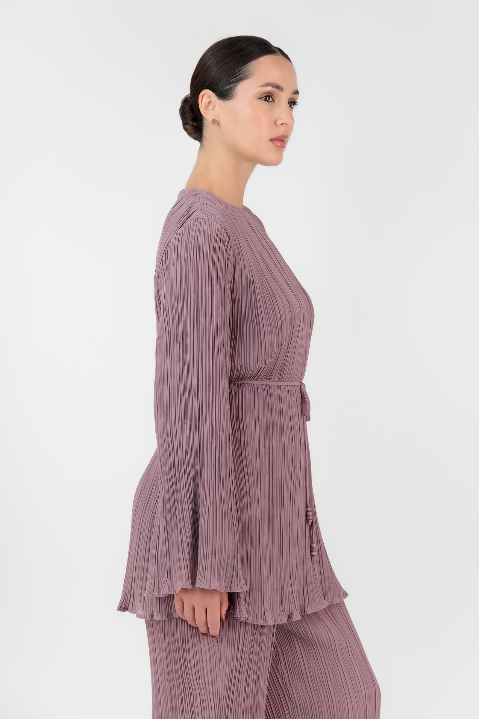 Plisse Tunic with Waist Tie - Vintage Plum