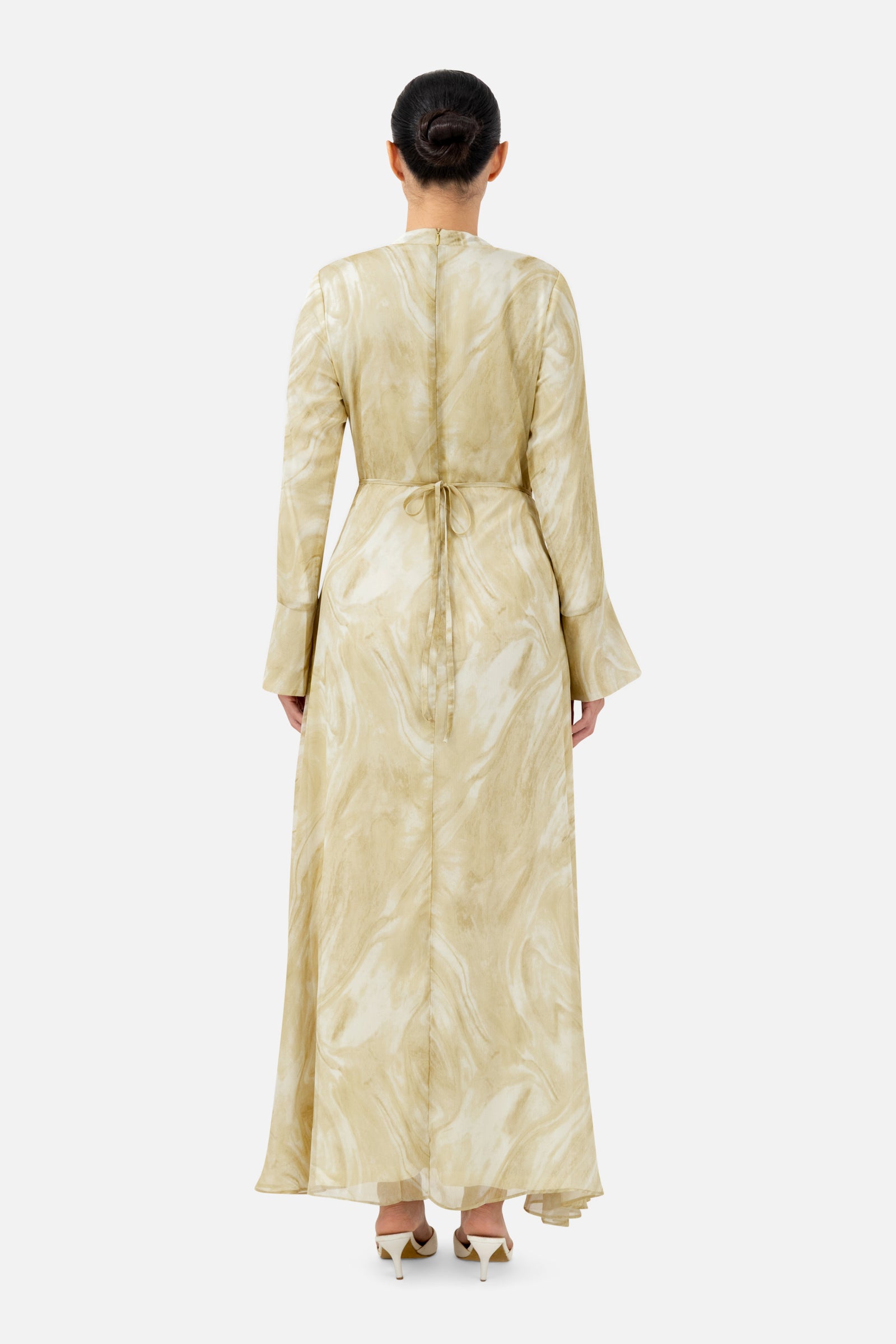 Back view of the Printed Watercolour Dress showcasing the elegant full-length design.