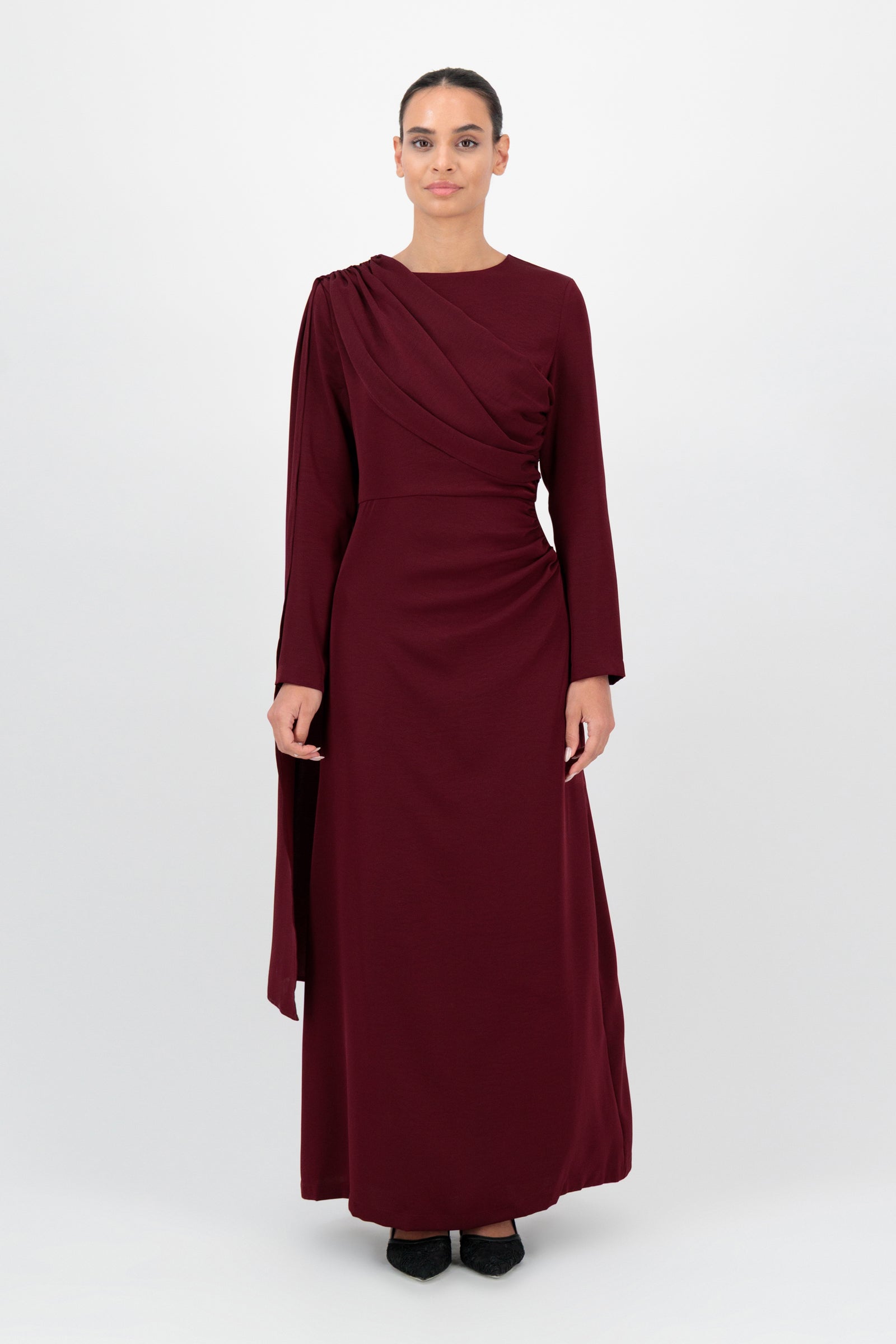 FARES Ruched Shoulder Detail Dress in Karaz is an elegant ruched dress with soft draping, designed as a refined option in dresses for women.