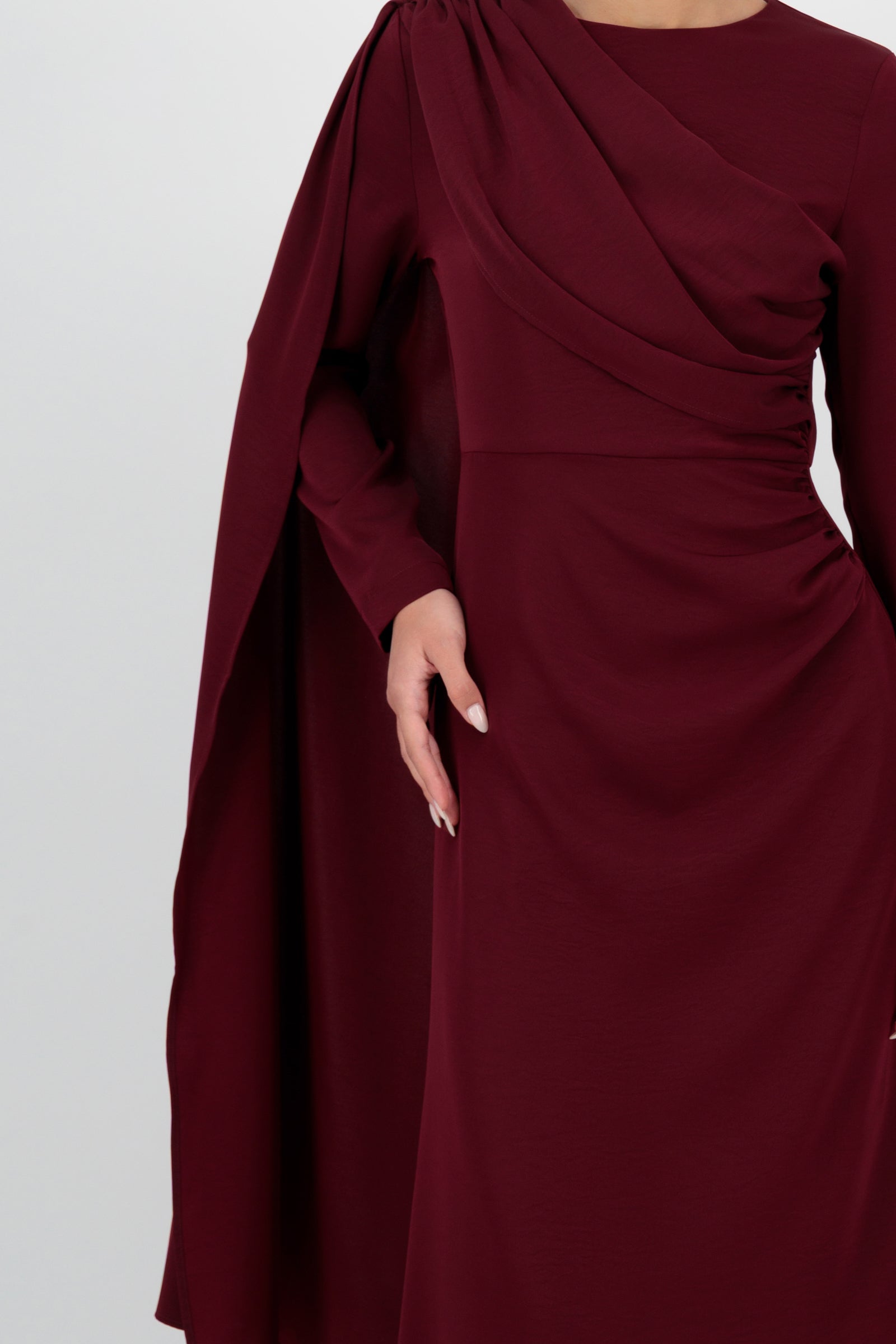 Close-up of the FARES Ruched Shoulder Detail Dress in Karaz captures the delicate ruching that elevates this timeless dresses for women piece.