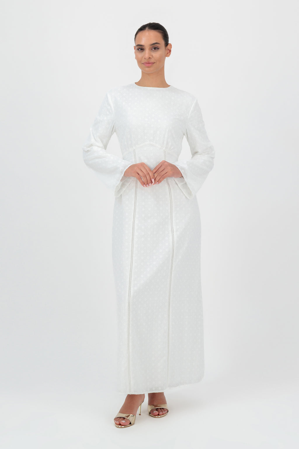 womens white embroidered dress Modest Maxi - FARES - - Floral Cutout Detail One-Shoulder Sheath Evening Dress The Art of Openwork Size:36X34 halloween 26