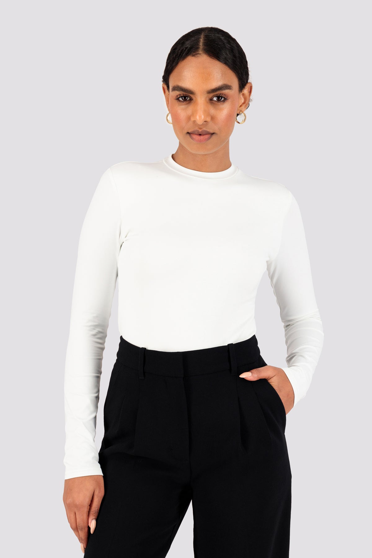 white long sleeve dress top Women's White, Long-Sleeve Form-Fitted Dress Shirt