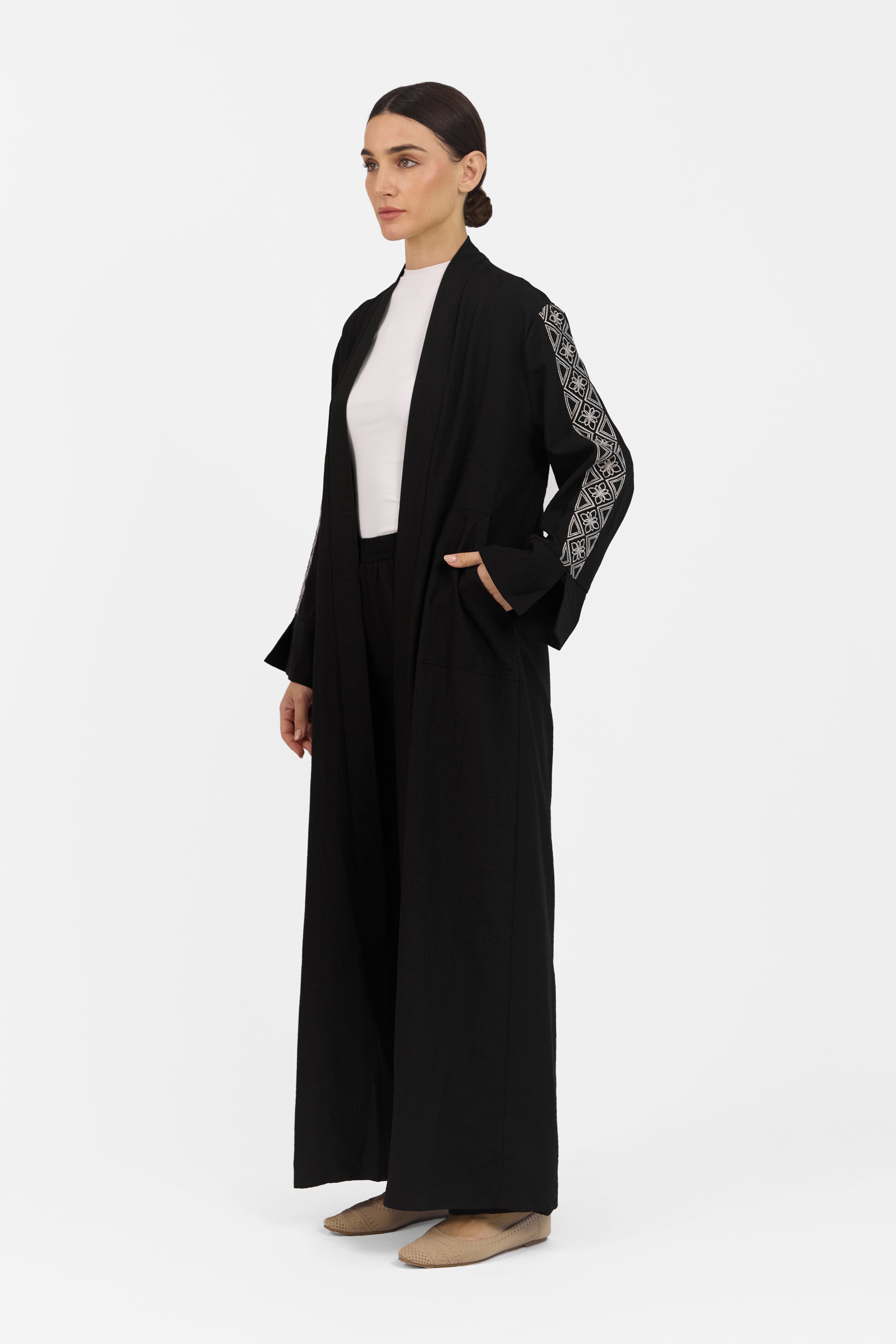 Embroidered Sleeve Abaya - Black