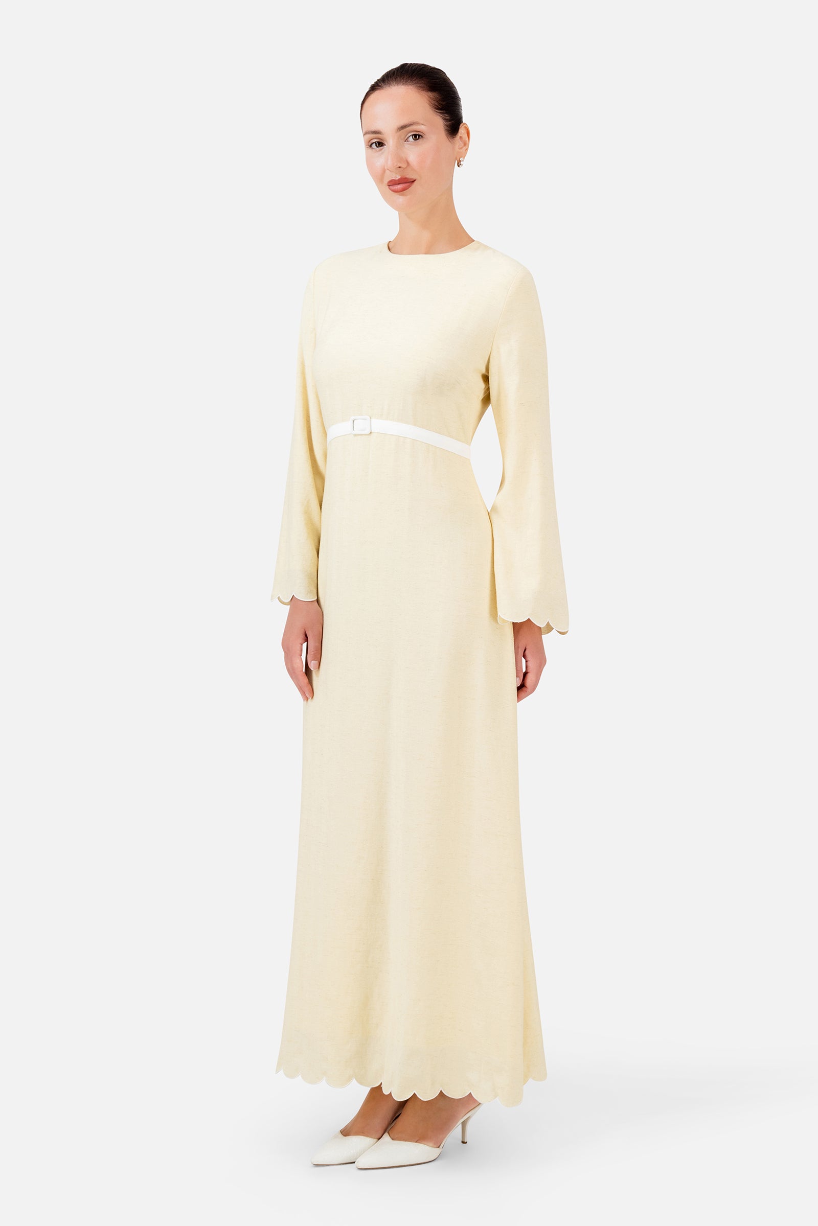 FARES Belt Detail Scalloped Dress in Buttercup, a flowing summer dress for women with delicate scalloped edges and a slim waist belt.
