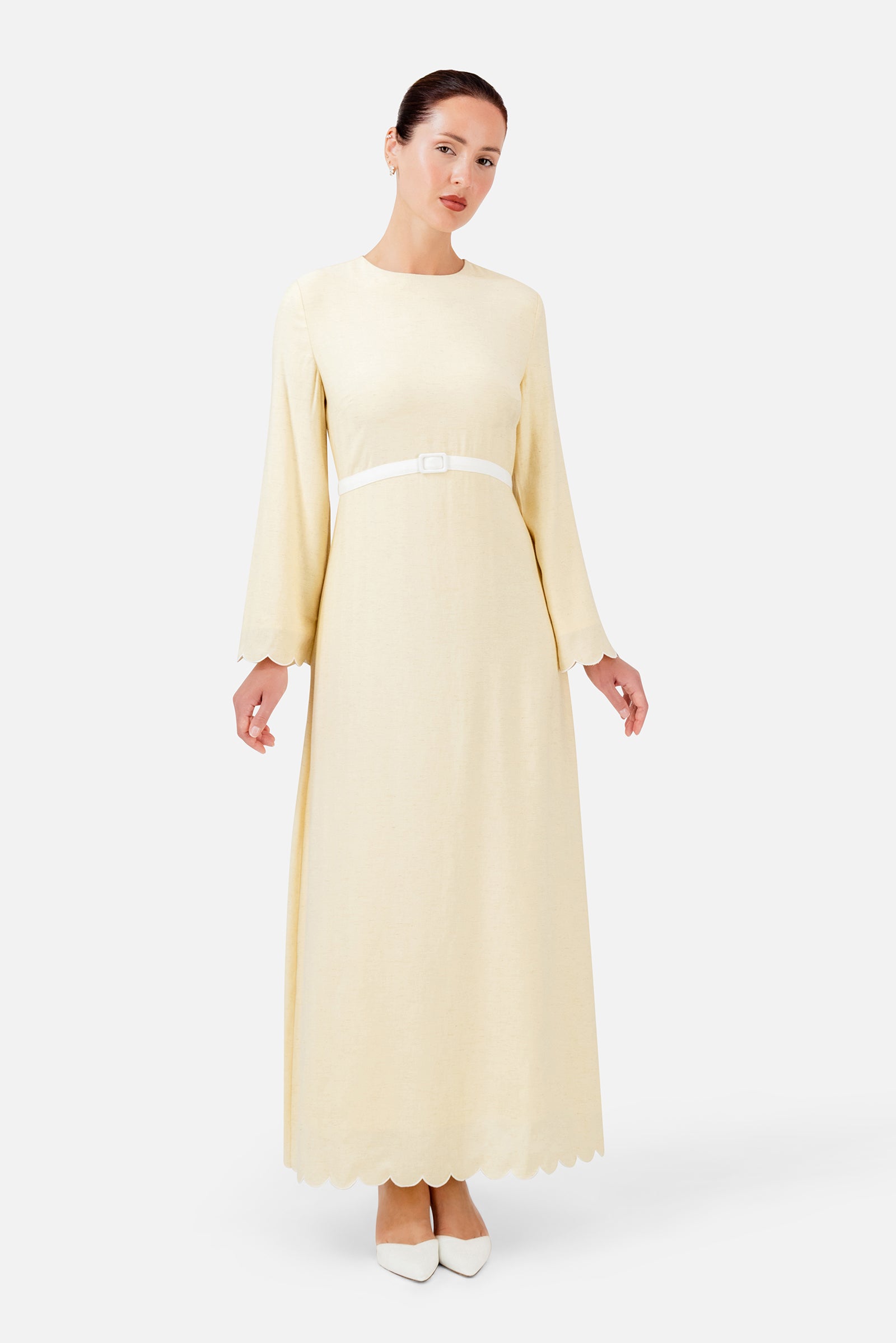 FARES Belt Detail Scalloped Dress in Buttercup with a full-length silhouette and waist-defining belt, a feminine choice among summer dresses.