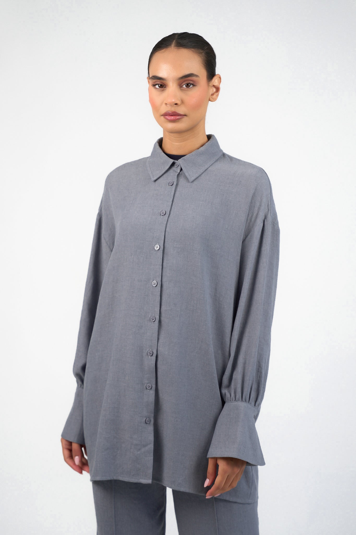 Flared Cuff Button Up - Dusty Denim