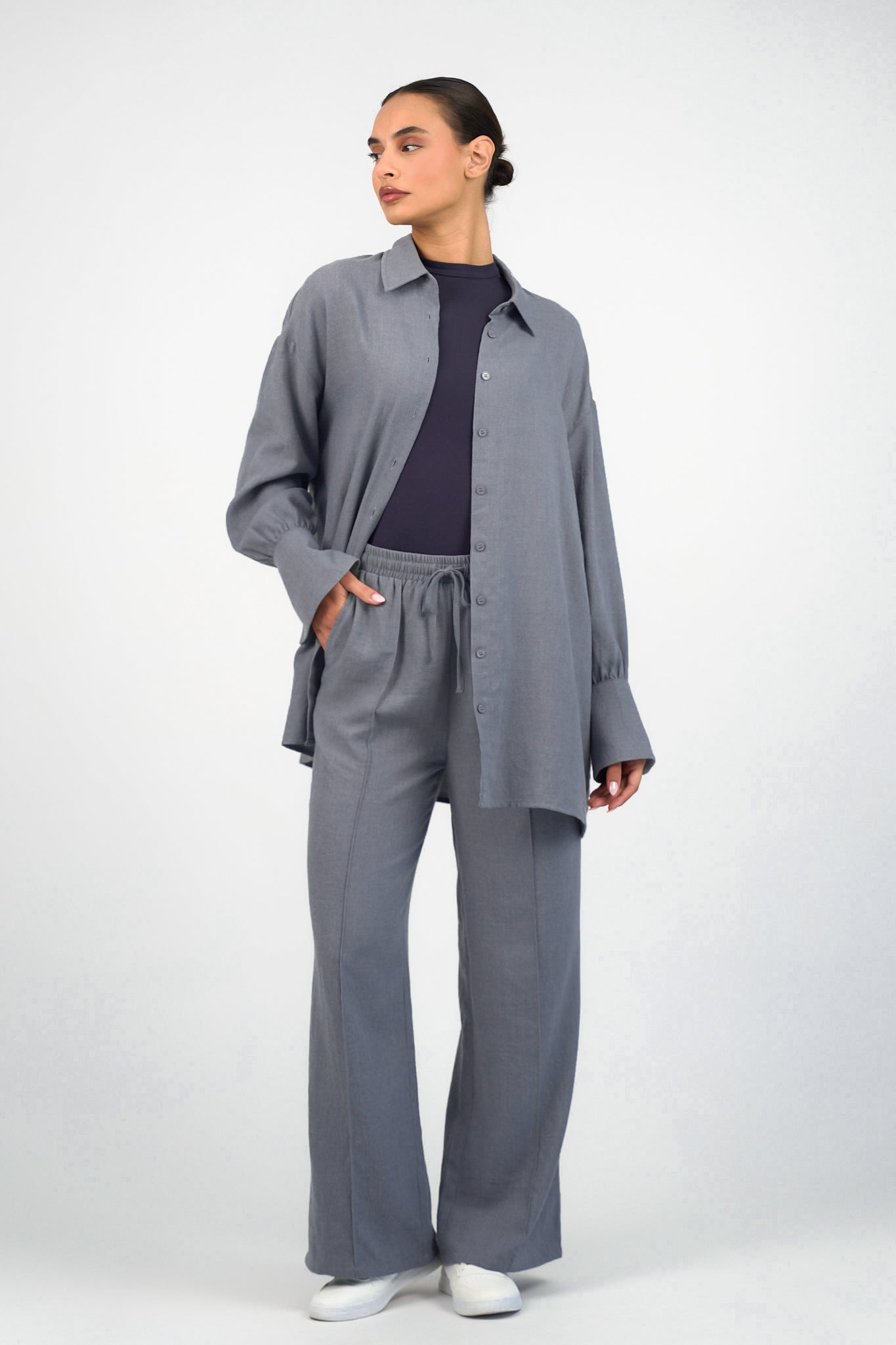 Pressed Crease Wide Leg Pants - Dusty Denim