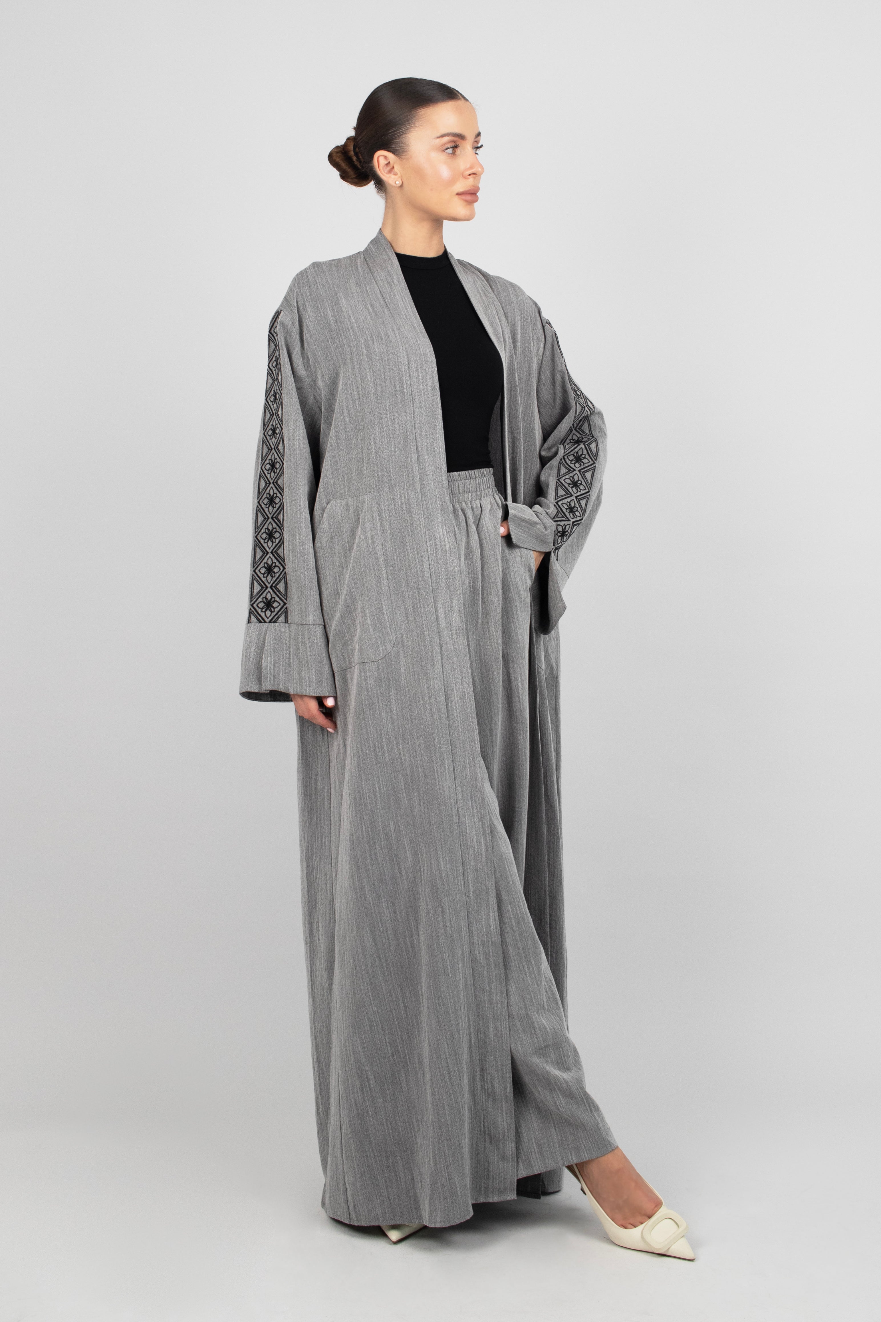 US - Embroidered Sleeve Abaya - Sterling