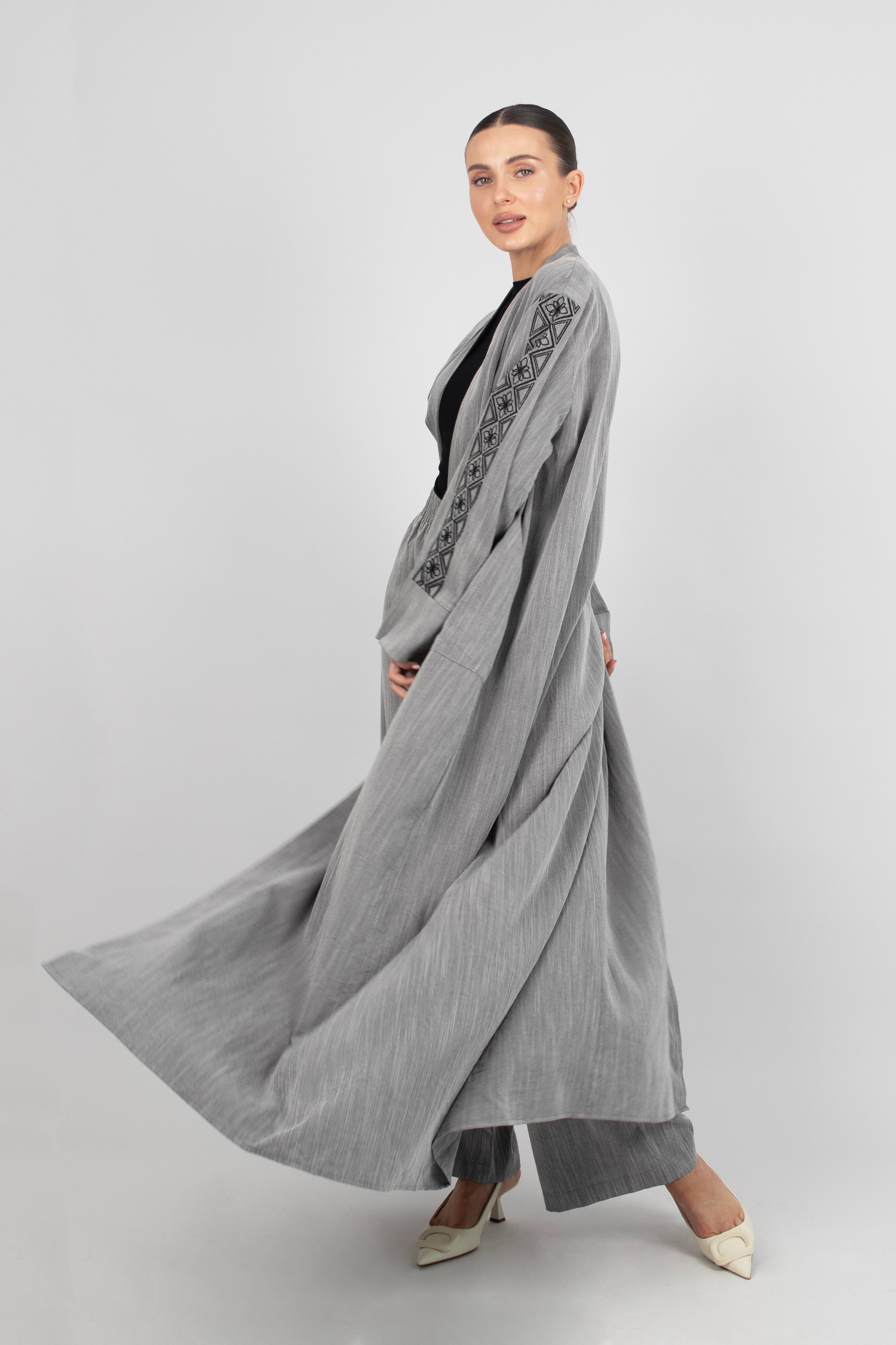 CA - Embroidered Sleeve Abaya - Sterling