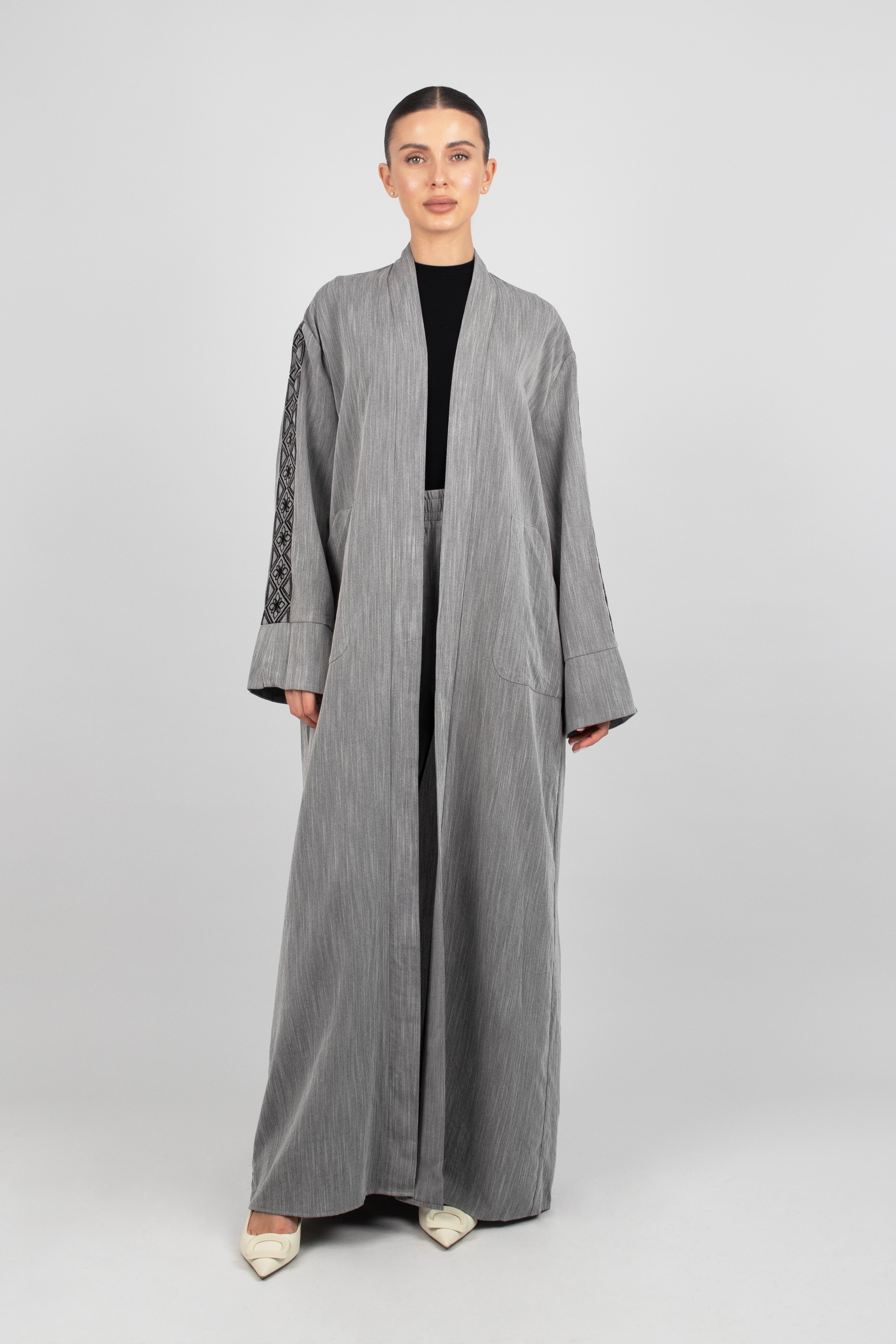 US - Embroidered Sleeve Abaya - Sterling
