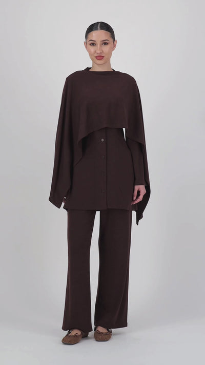 Video of the model walking in the Straight Leg Knit Pants Espresso, showcasing the smooth movement and flattering straight leg pants silhouette.